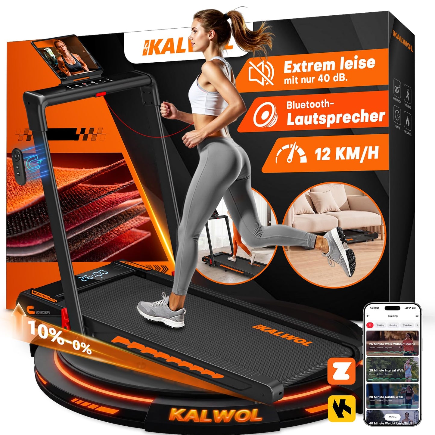Bluetooth-Laufband mit Steigung & HIIT, Schwarz-orange