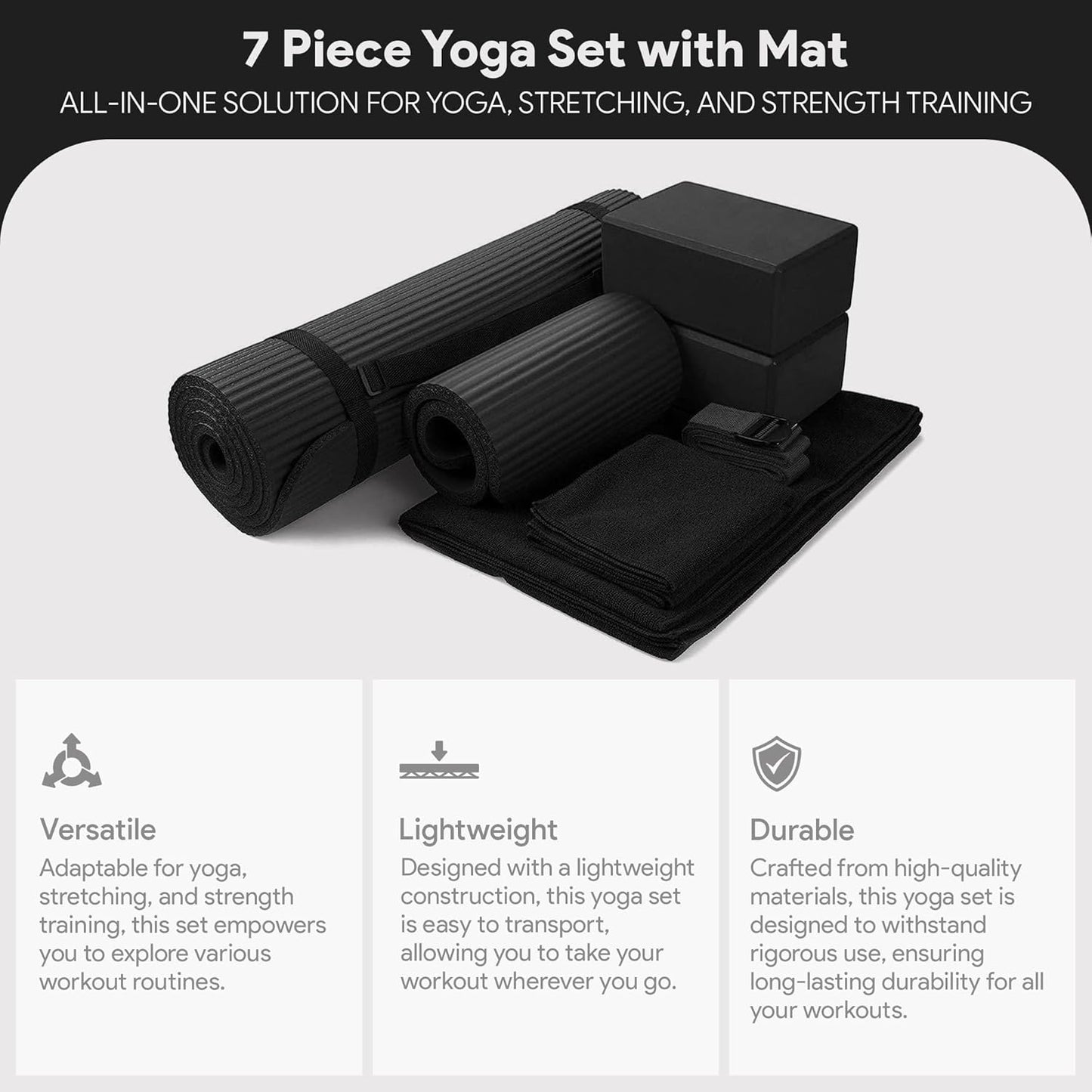 Yoga-Set mit Matte, Blöcken und Zubehör, Schwarz