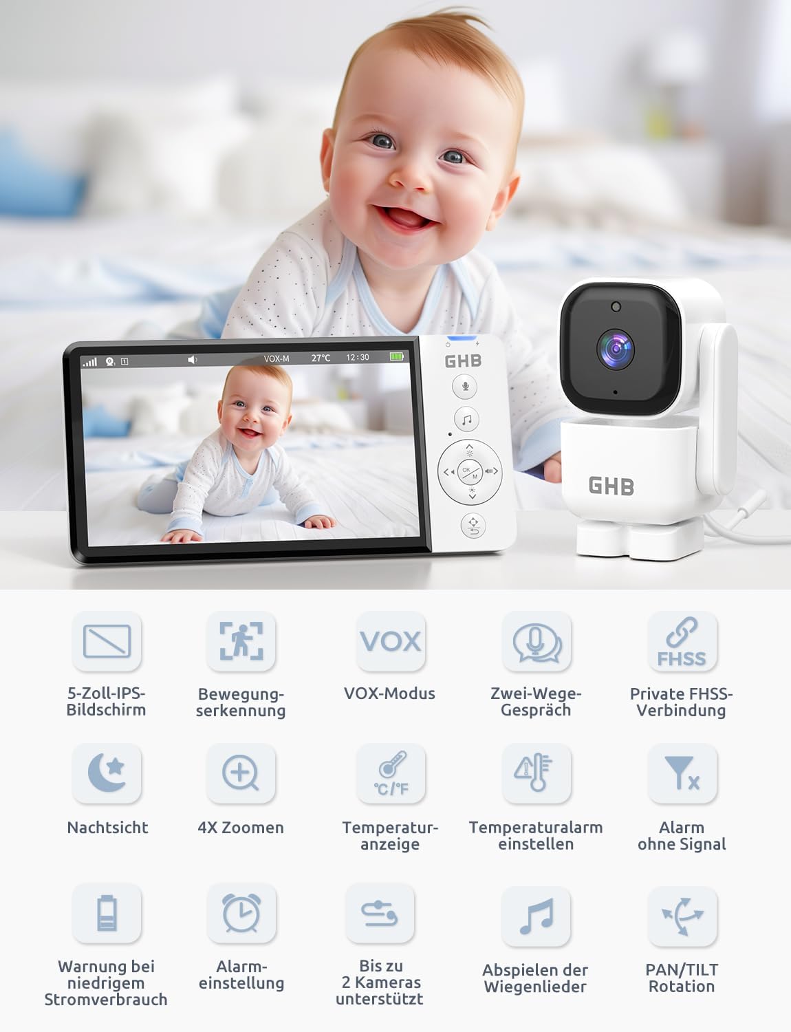 ABM720F Babyphone mit Kamera, 5 Zoll HD-Display und VOX-Funktion, Schwenkbar
