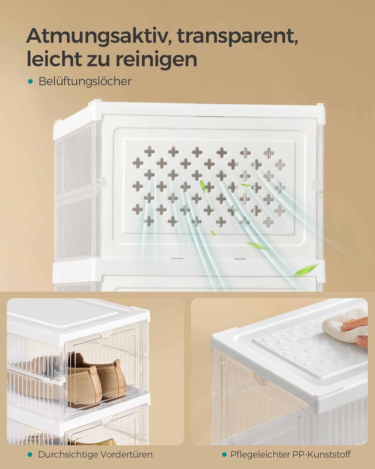 Schuhschrank mit 6 faltbaren Schuhboxen, Transparent + Wolkenweiß 1