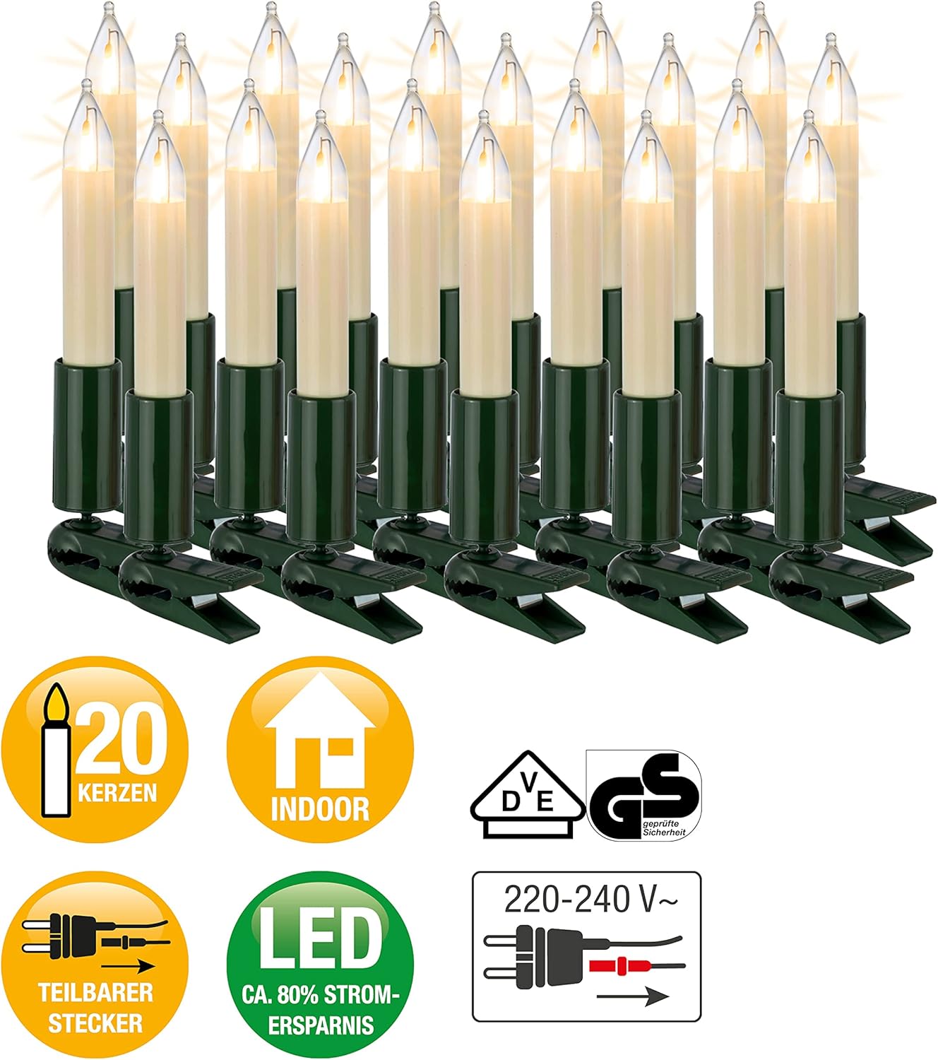 LED Weihnachtslichterkette mit Clips, 20 LED-Filament / 13,3m beleuchtet / Ohne Flackereffekt