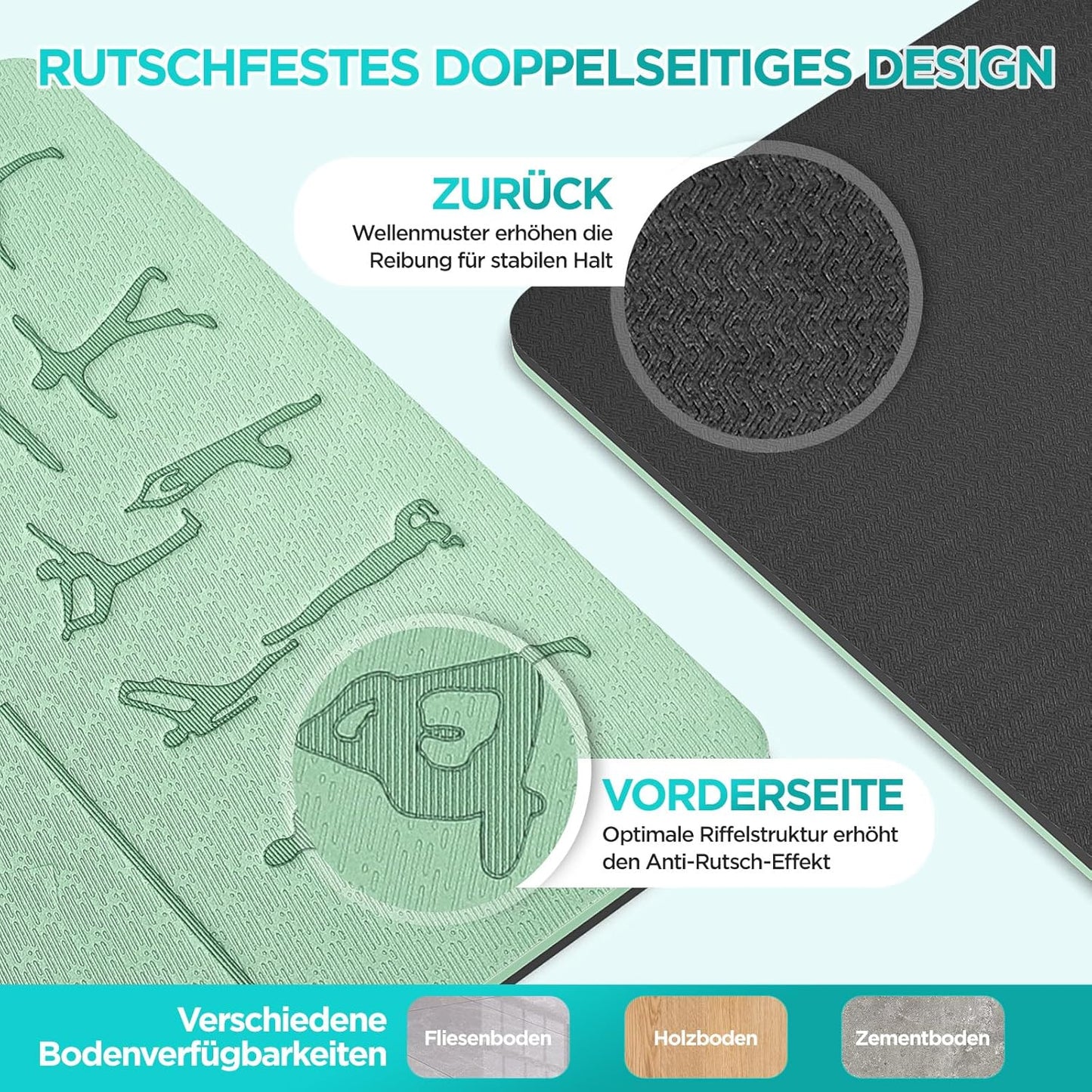 Yoga- und Gymnastikmatte, grün und schwarz 183 cm x 61 cm x 1 cm