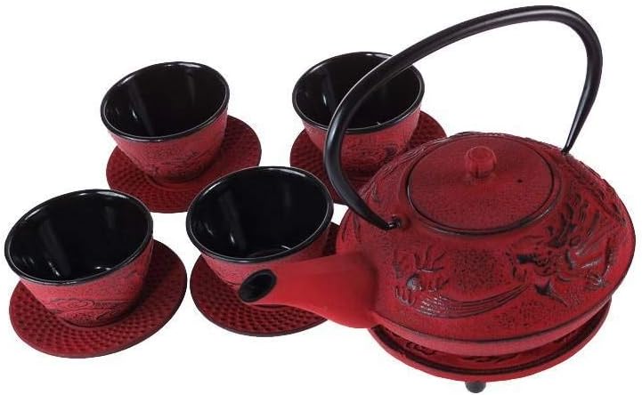 Chinesisches Drachen-Teeservice aus Gusseisen, Roter Drache