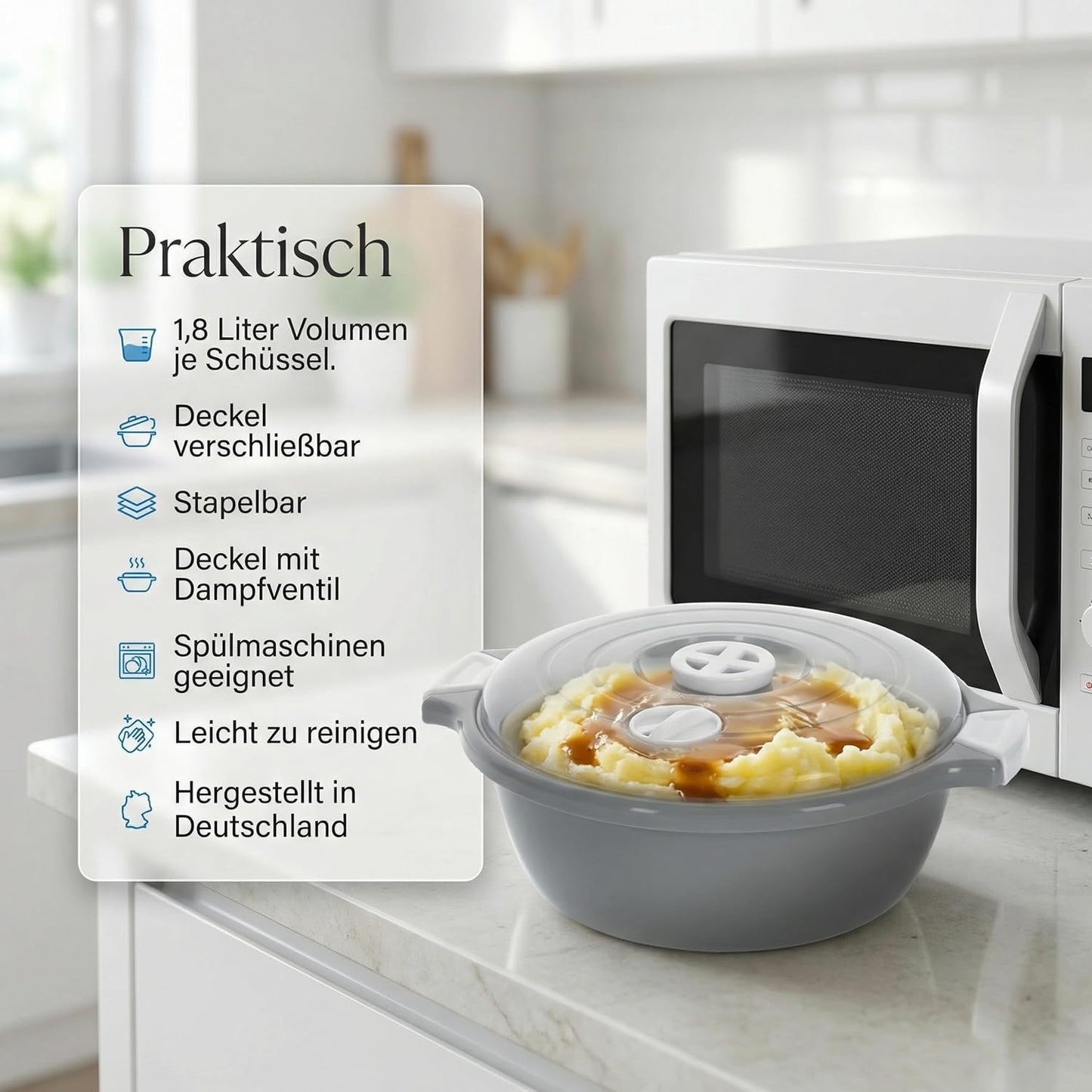 2-teiliges Mikrowellenschüssel-Set mit Dampfventil, Grau