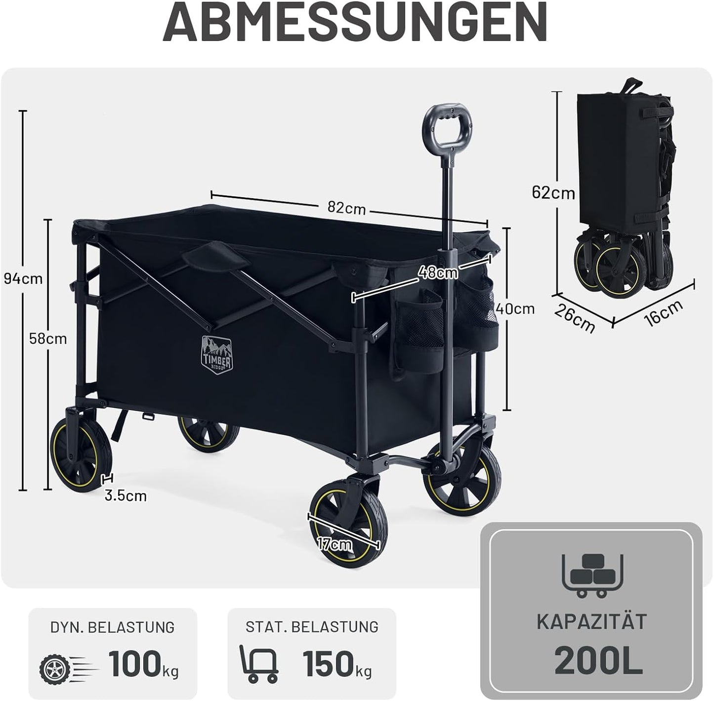 Faltbarer Bollerwagen mit verstellbarem Griff, Schwarz