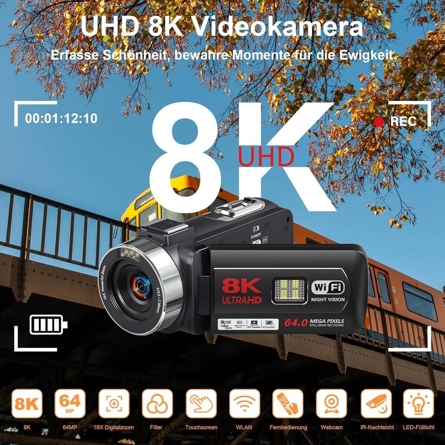 8K Vlogging Camcorder mit Nachtsicht, Mikrofon, Stabilisator und Fernbedienung, Tiefschwarz