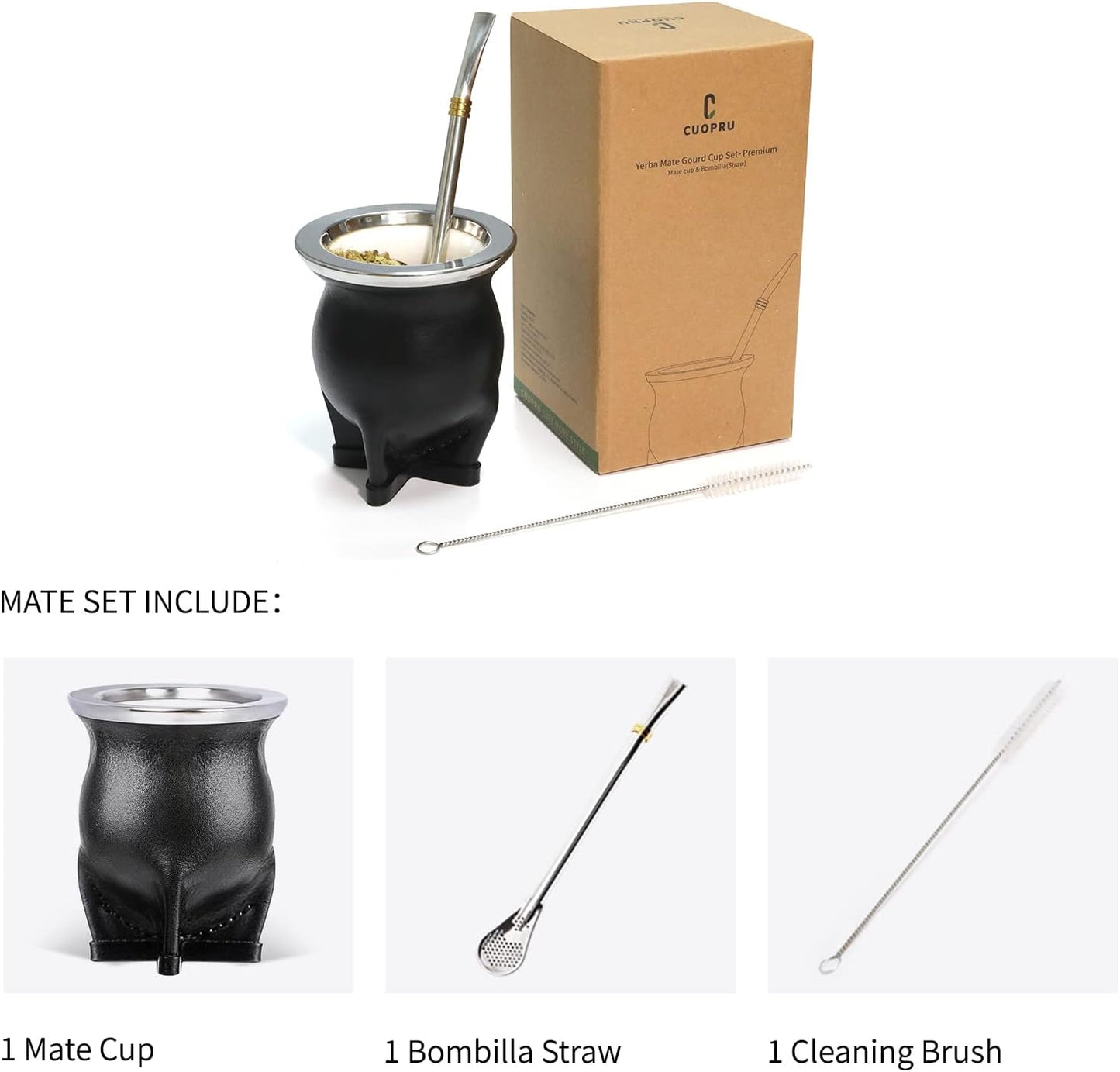 Yerba Mate Set mit Tasse und Bombilla, Schwarz