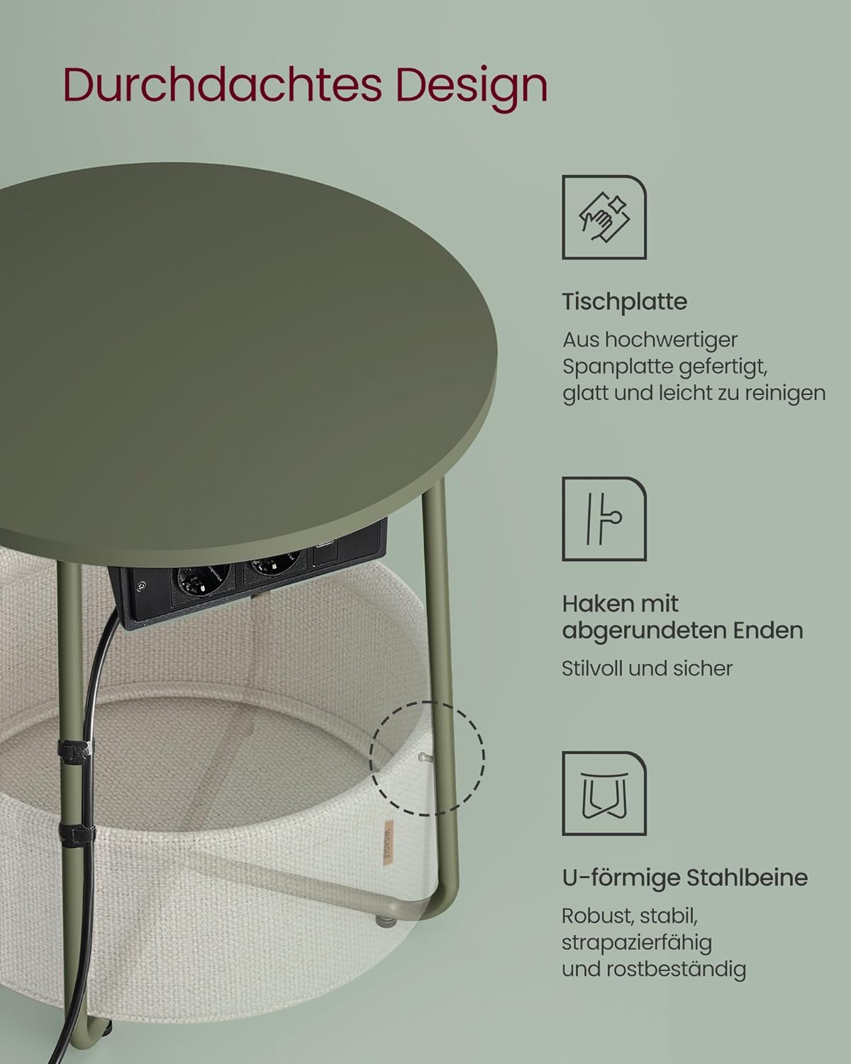 Runder Beistelltisch mit Steckdose und Stoffkorb, Waldgrün + Cremeweiss