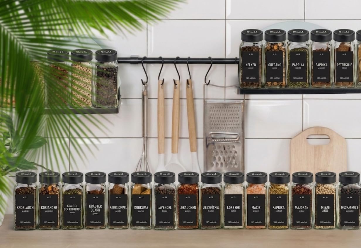 Gewürzgläser-Set mit Etiketten, 25 Stück, Schwarz Lid