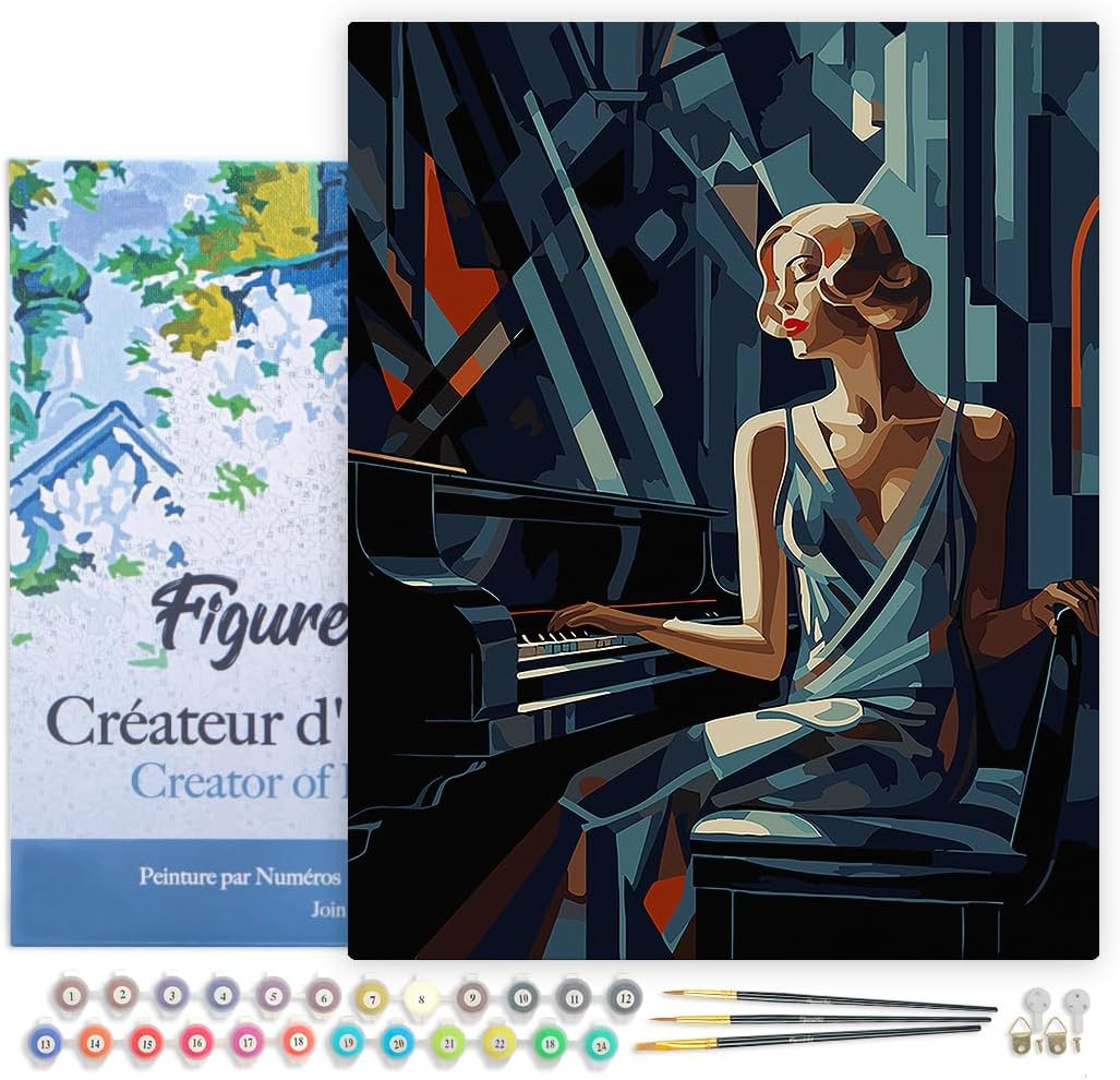 Malen nach Zahlen Set - Art-Deco-Frau am Klavier 40x50cm, Art-Deco-Frau am Klavier 40x50cm Mit Rahmen (bereits gespannt)