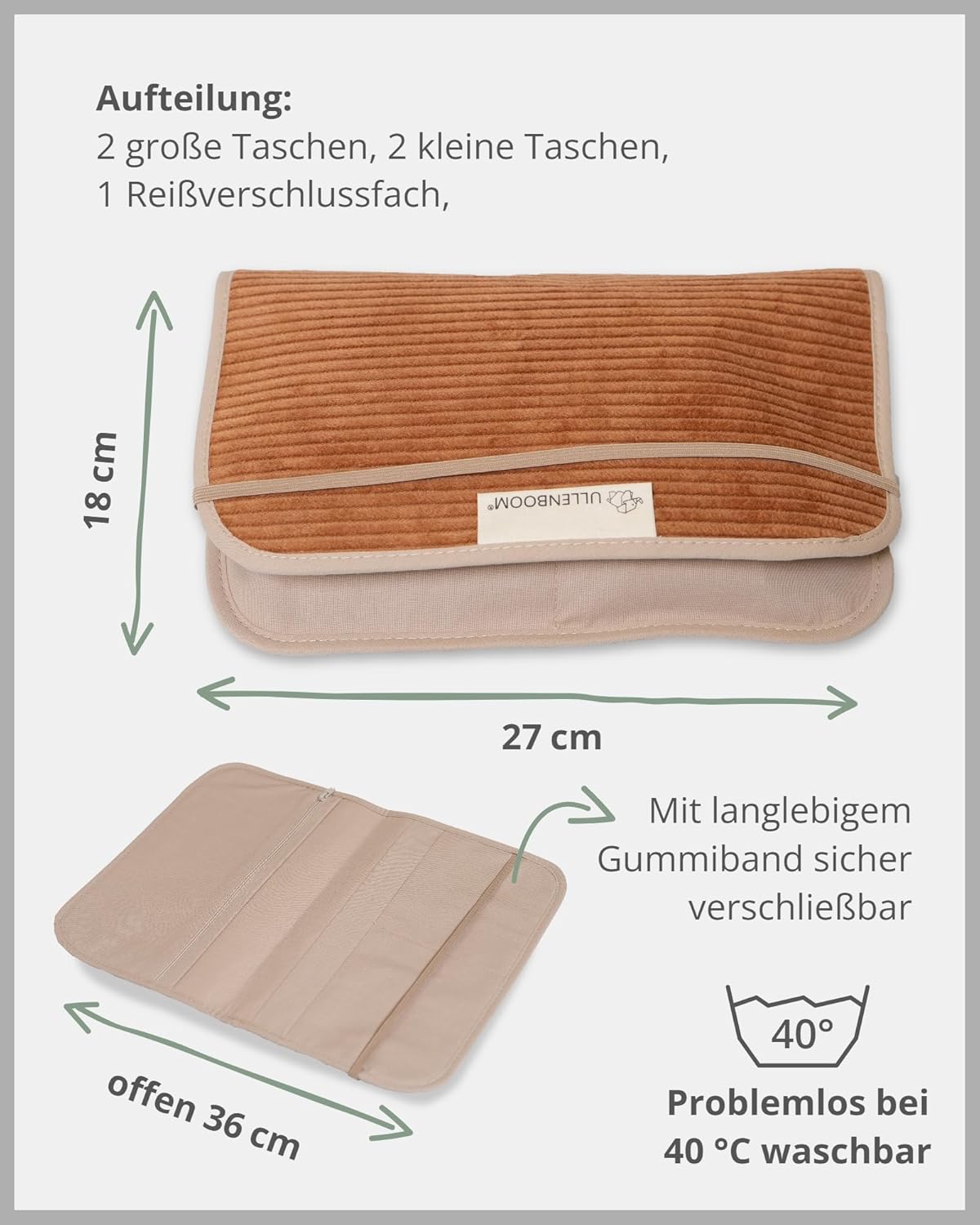 Windeltasche für unterwegs, Cord Caramel