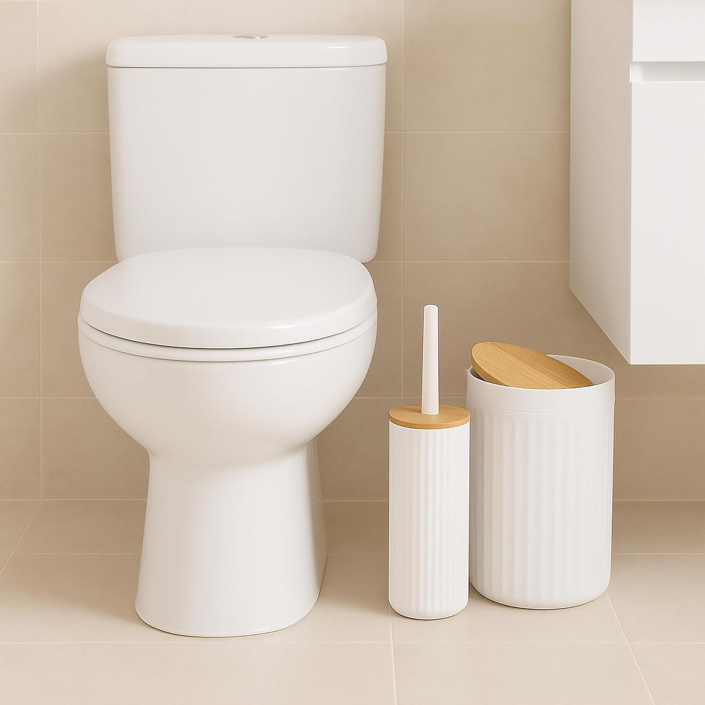 6-teiliges Badezimmer-Zubehörset, Weiss/Natur