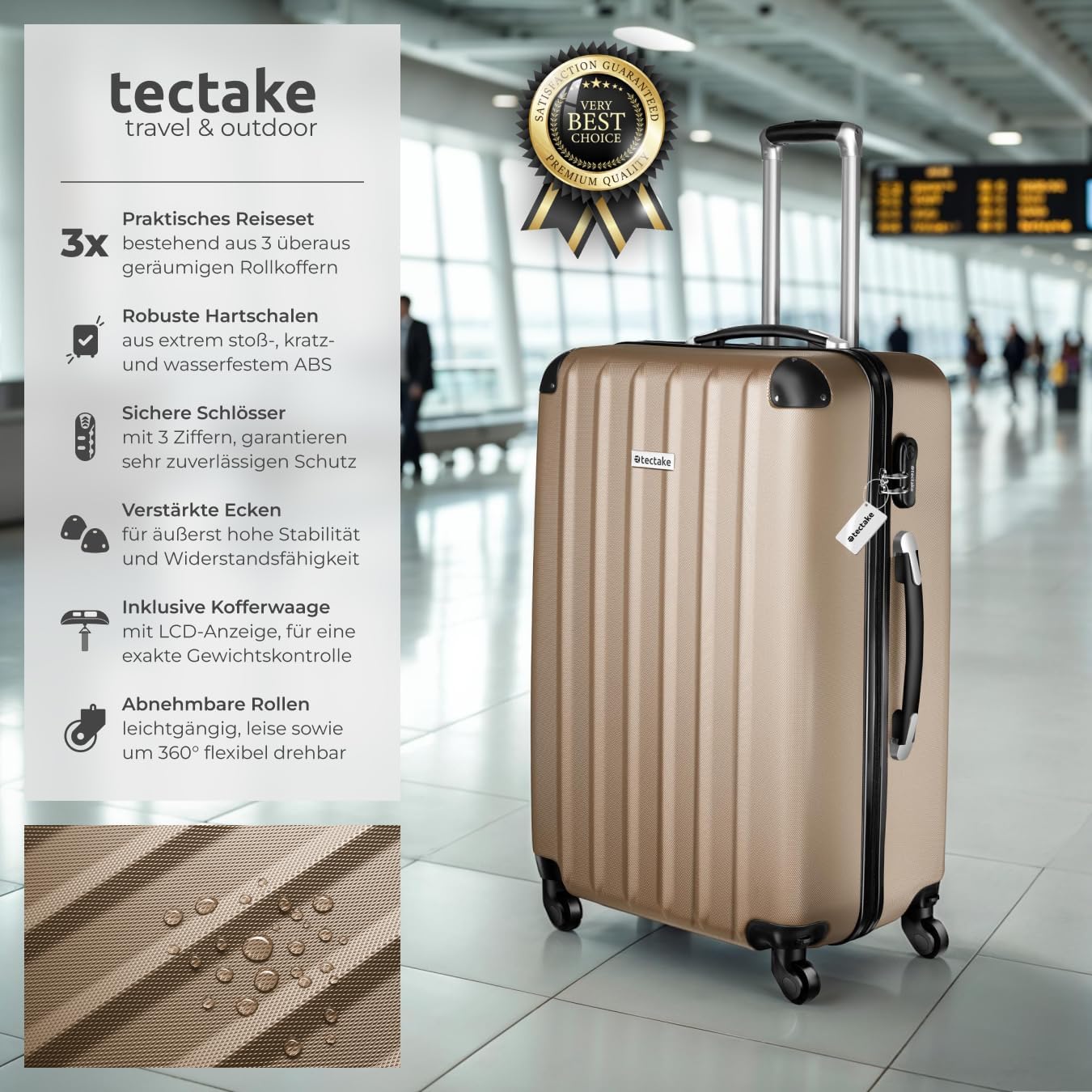 3-teiliges Kofferset mit Kofferwaage und Kofferanhänger, Champagner|Set mit Waage