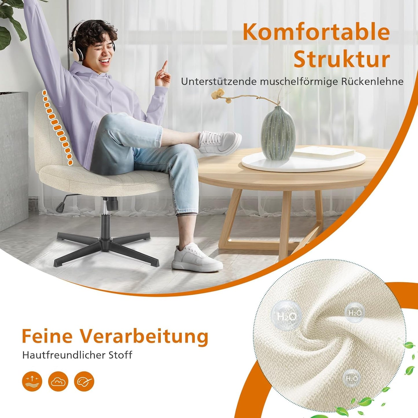 Höhenverstellbarer Bürostuhl, Beige Fabric
