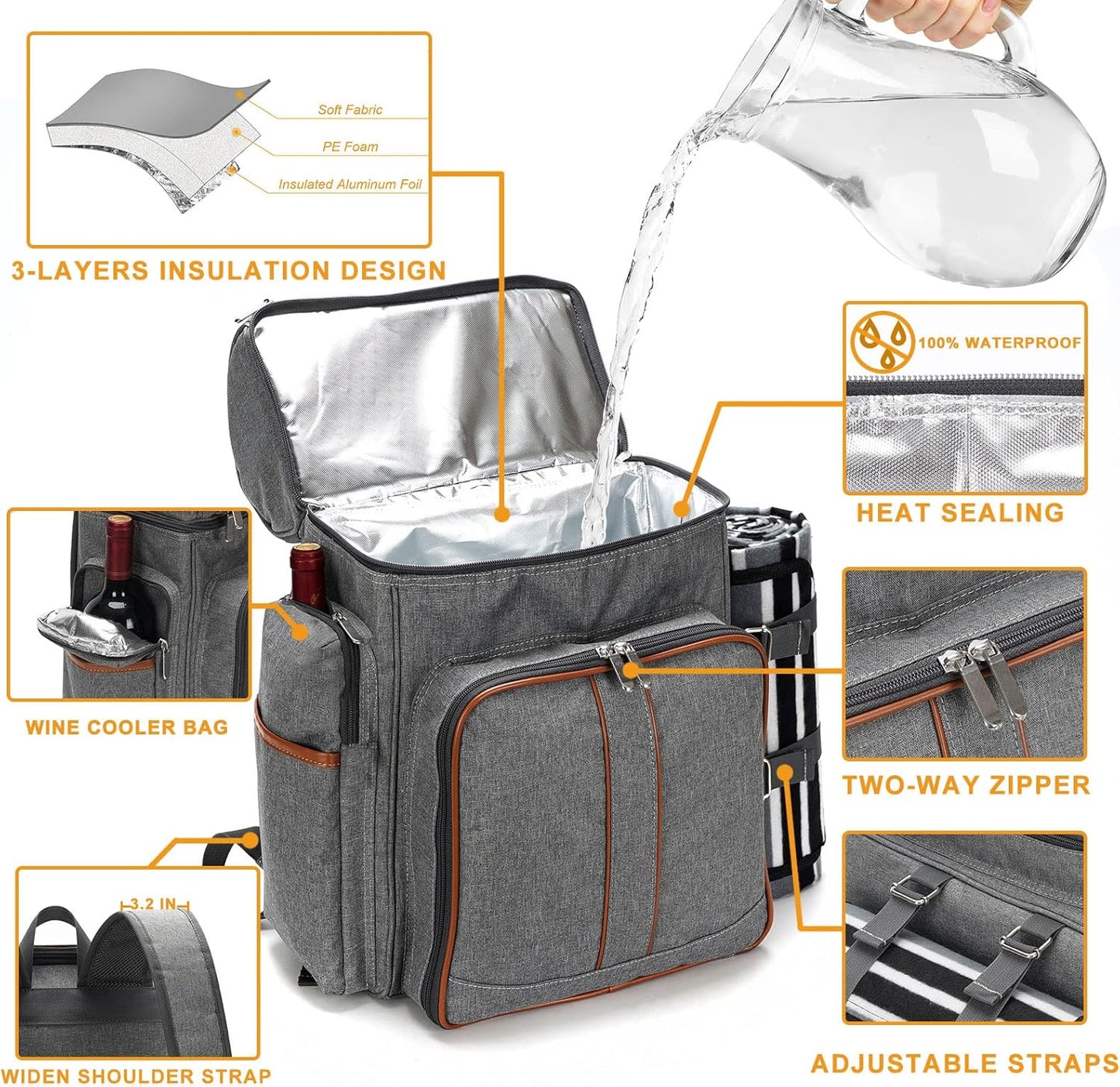 Picknick-Rucksack für 4 Personen mit Zubehör, Grau