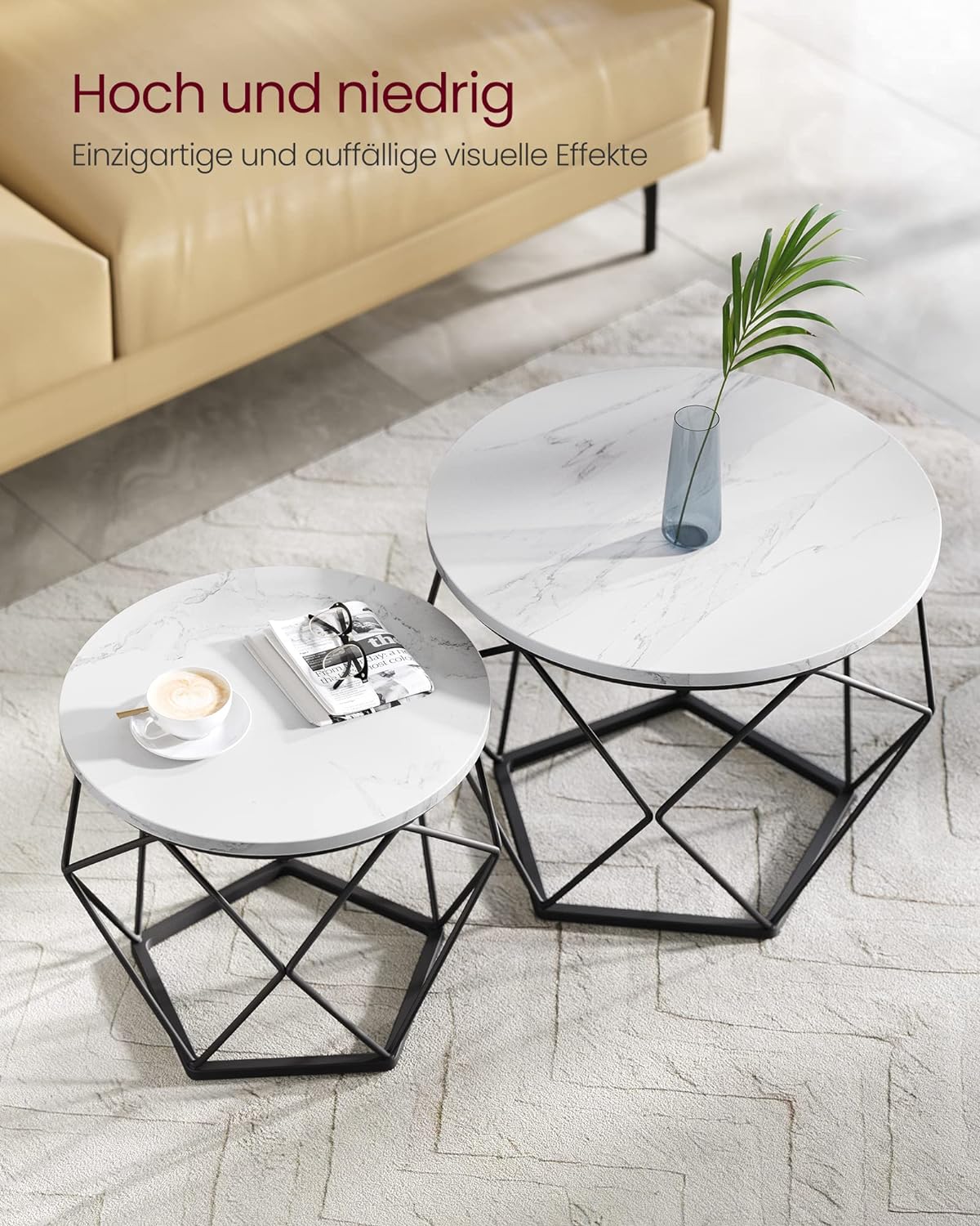 2er-Set Couchtische, Marmorweiss + Tintenschwarz