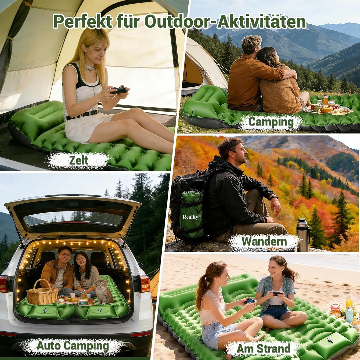Aufblasbare Camping-Isomatte mit Fusspumpe, Grün + Grau / Einzel