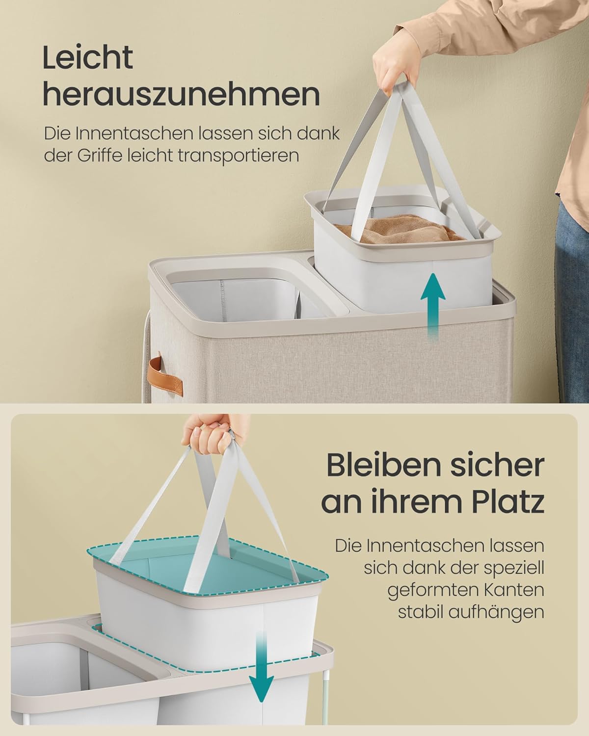 Wäschesammler mit 2 Fächern und Deckel, 170 L Cappuccinobeige