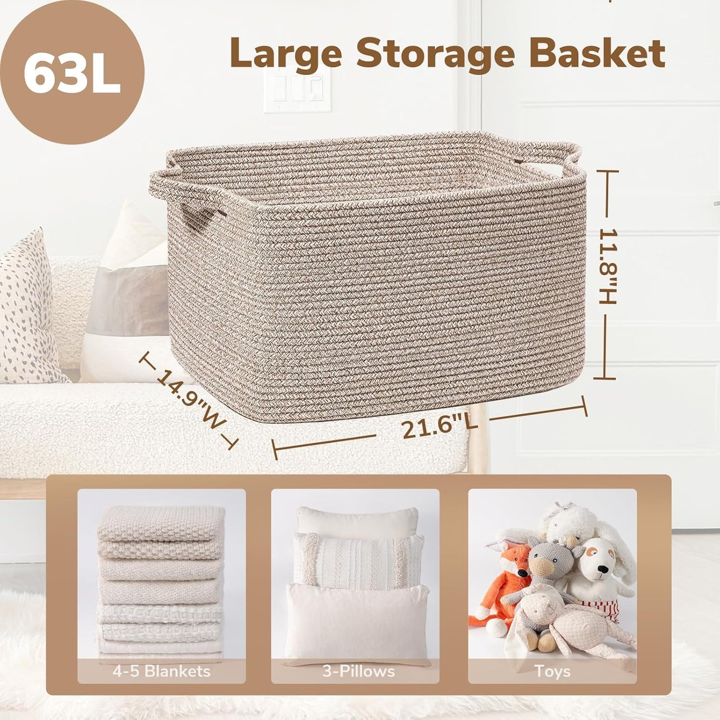 Geflochtener Aufbewahrungskorb, Braun 65L（55 x 38 x 29 cm）