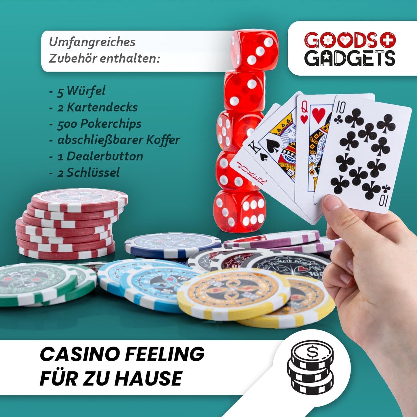 Profi Pokerkoffer Set mit 500 Chips und Zubehör, Gold 500 Chips