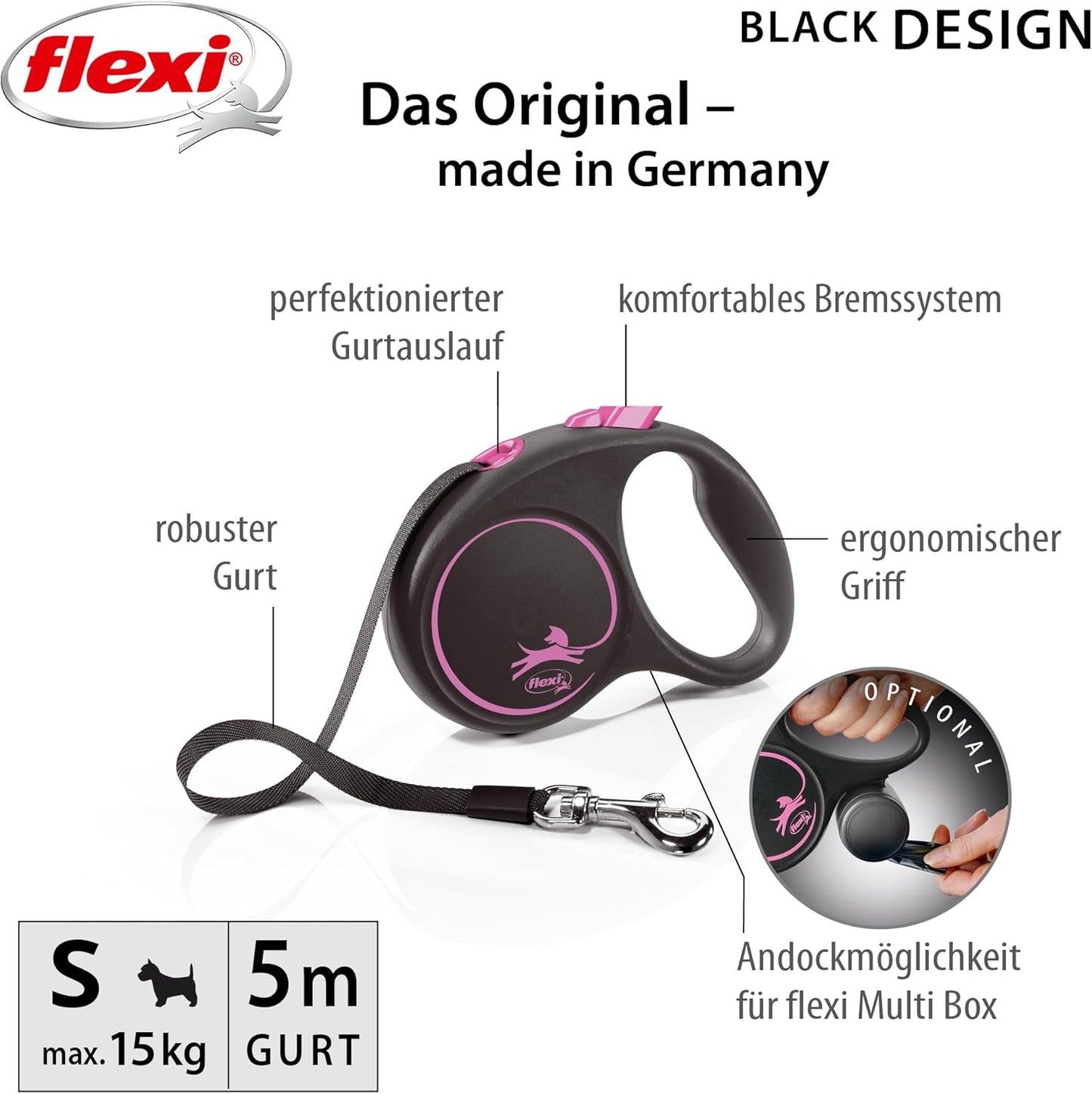 Rollleine Black Design, S: 5m (max. 15kg) pink