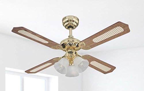 Deckenventilator Princess Trio inkl. Leuchten-Set, Ausführung in Poliertem Messing mit Wendeflügeln in Eiche mit Rattan/Mahagoni