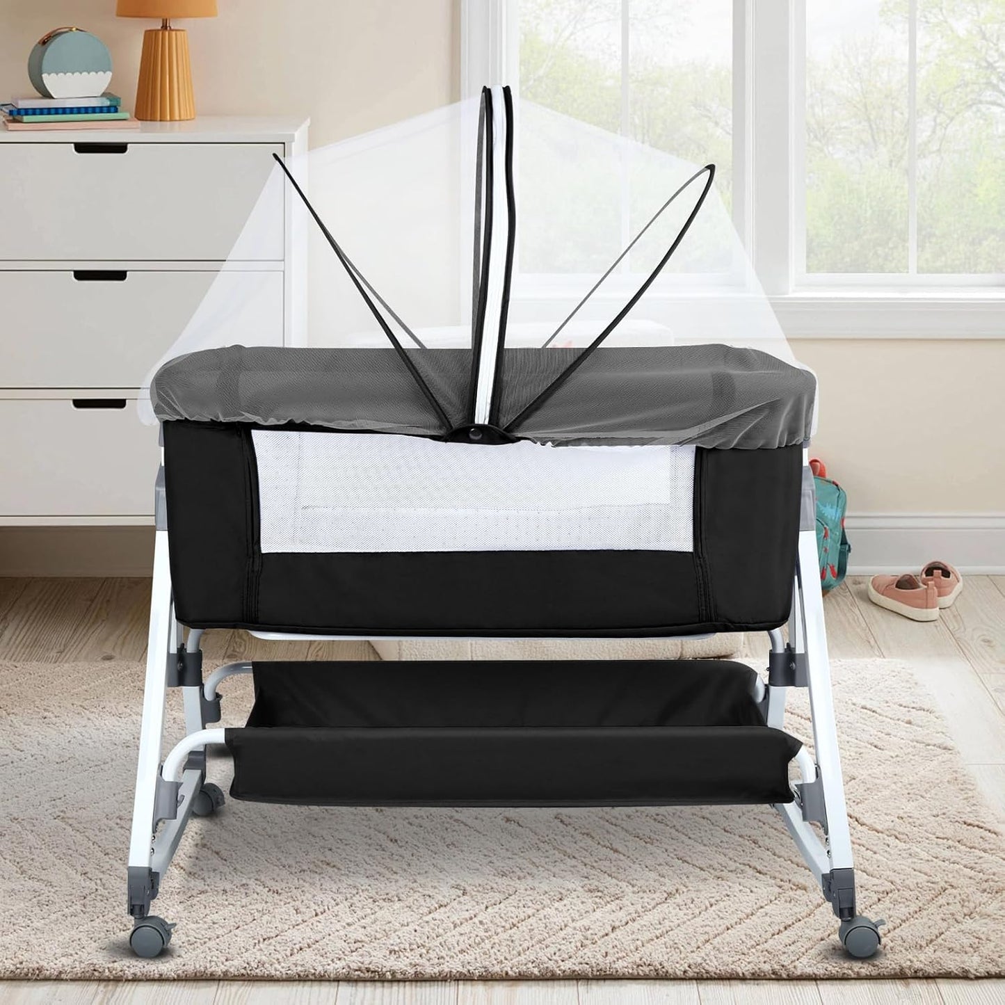 Höhenverstellbares Baby-Beistellbett mit Rollen, 80 X 40 X 100–116 Cm (6 Schwarze Steine)
