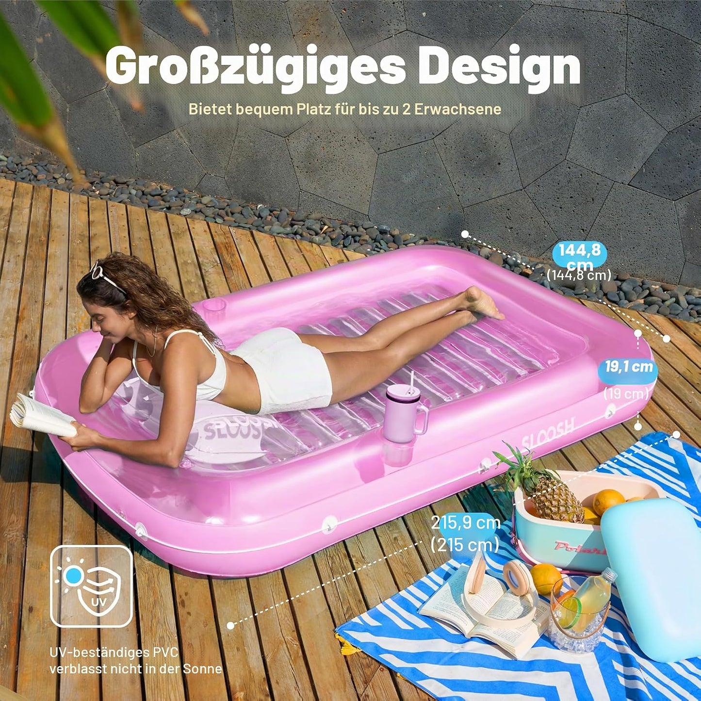 Aufblasbarer Sonnenpool mit abnehmbarem Kissen und Getränkehalter, Rosa-Weiss XL
