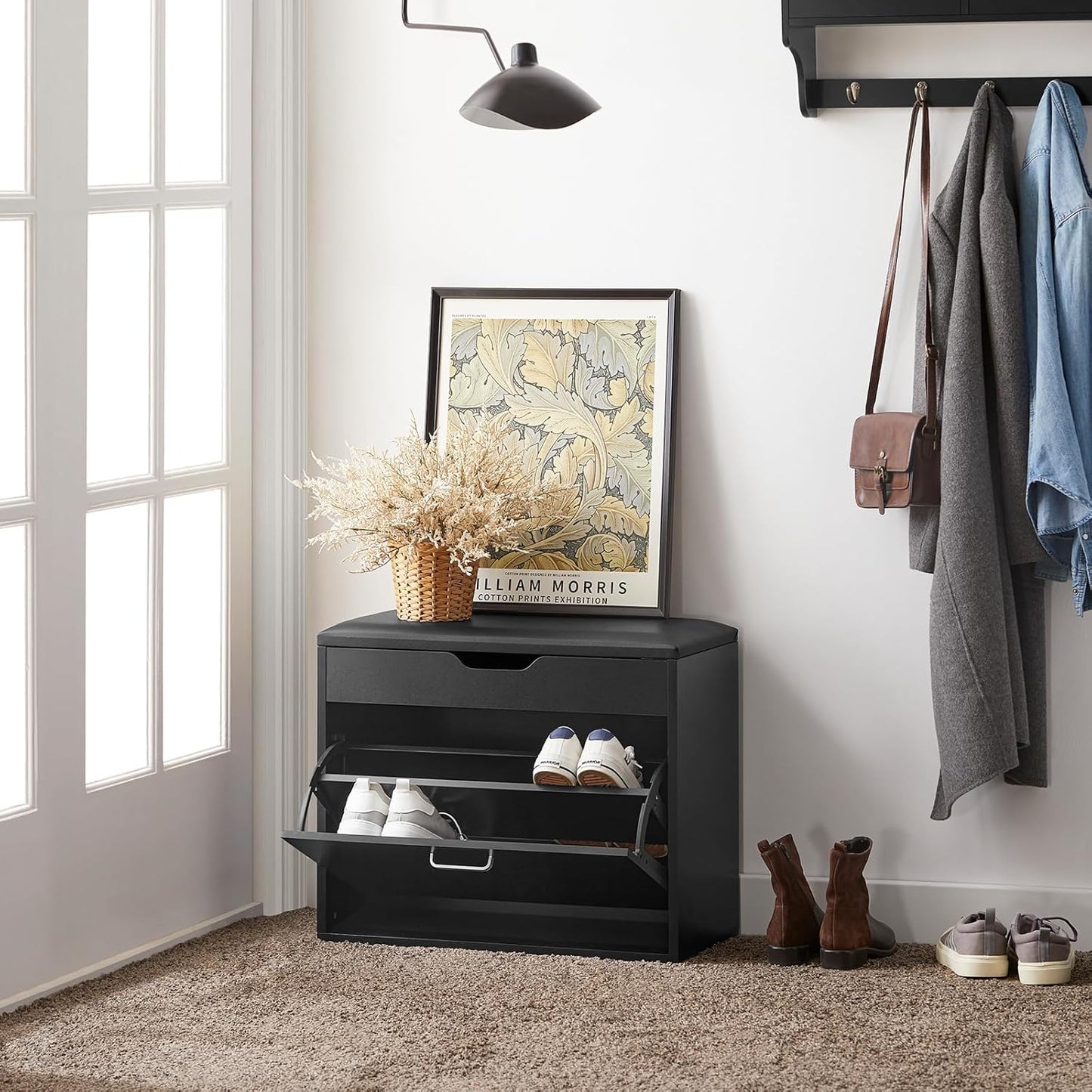 Schuhbank mit Sitzkissen und Regal, Schwarz