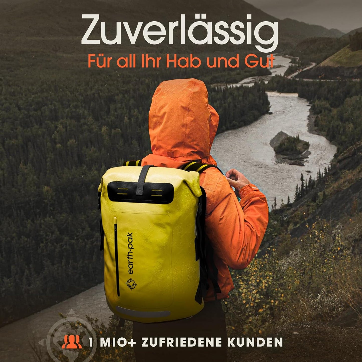 Wasserdichter Rolltop-Rucksack mit Handyhülle, 55L Gelb