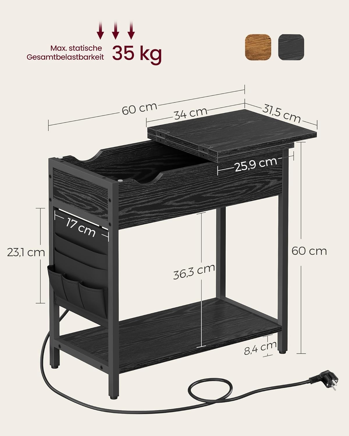 Beistelltisch mit Steckdose und USB-Anschlüssen, 1 Schwarz + Holzmaserung