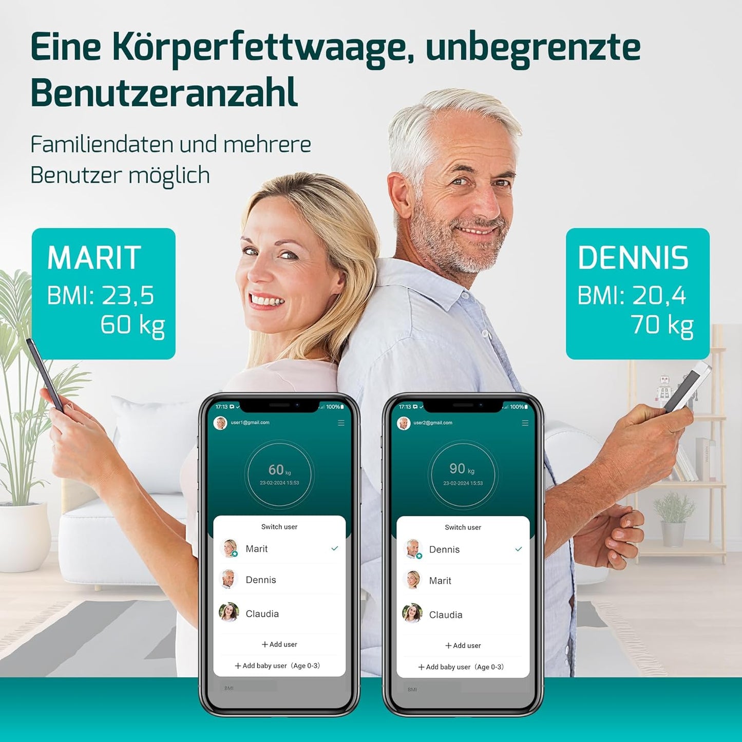 Digitale Körperfettwaage mit App, LCD
