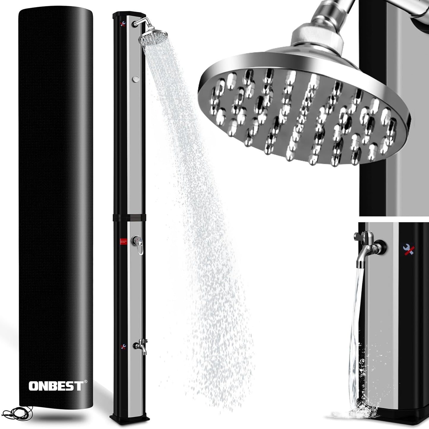 Solardusche mit Regenschutz & Thermometer, Schwarz-Silber