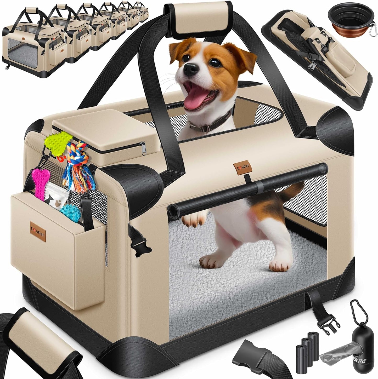 Faltbare Tiertransporttasche mit Napf & Gurt, XXL / Beige
