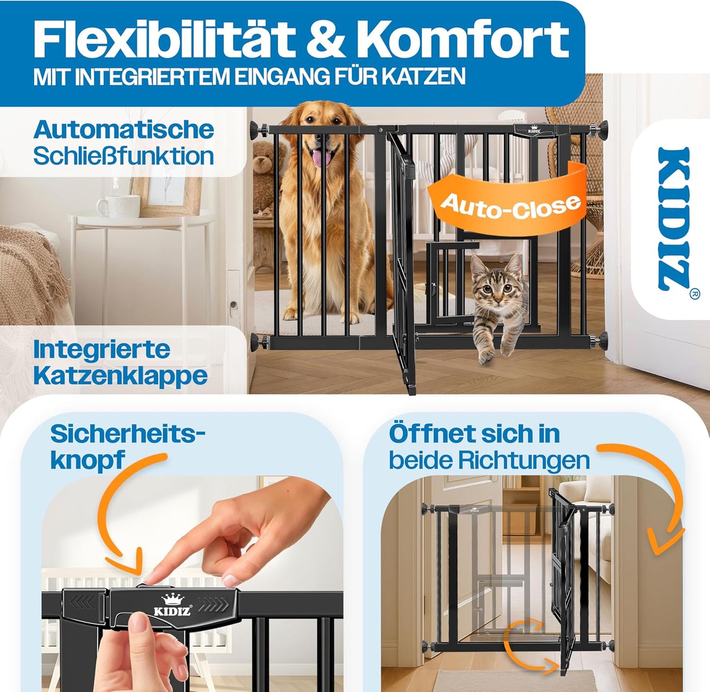 Absperrgitter mit Katzenklappe, Autoclose-Funktion, 74-80 cm Schwarz