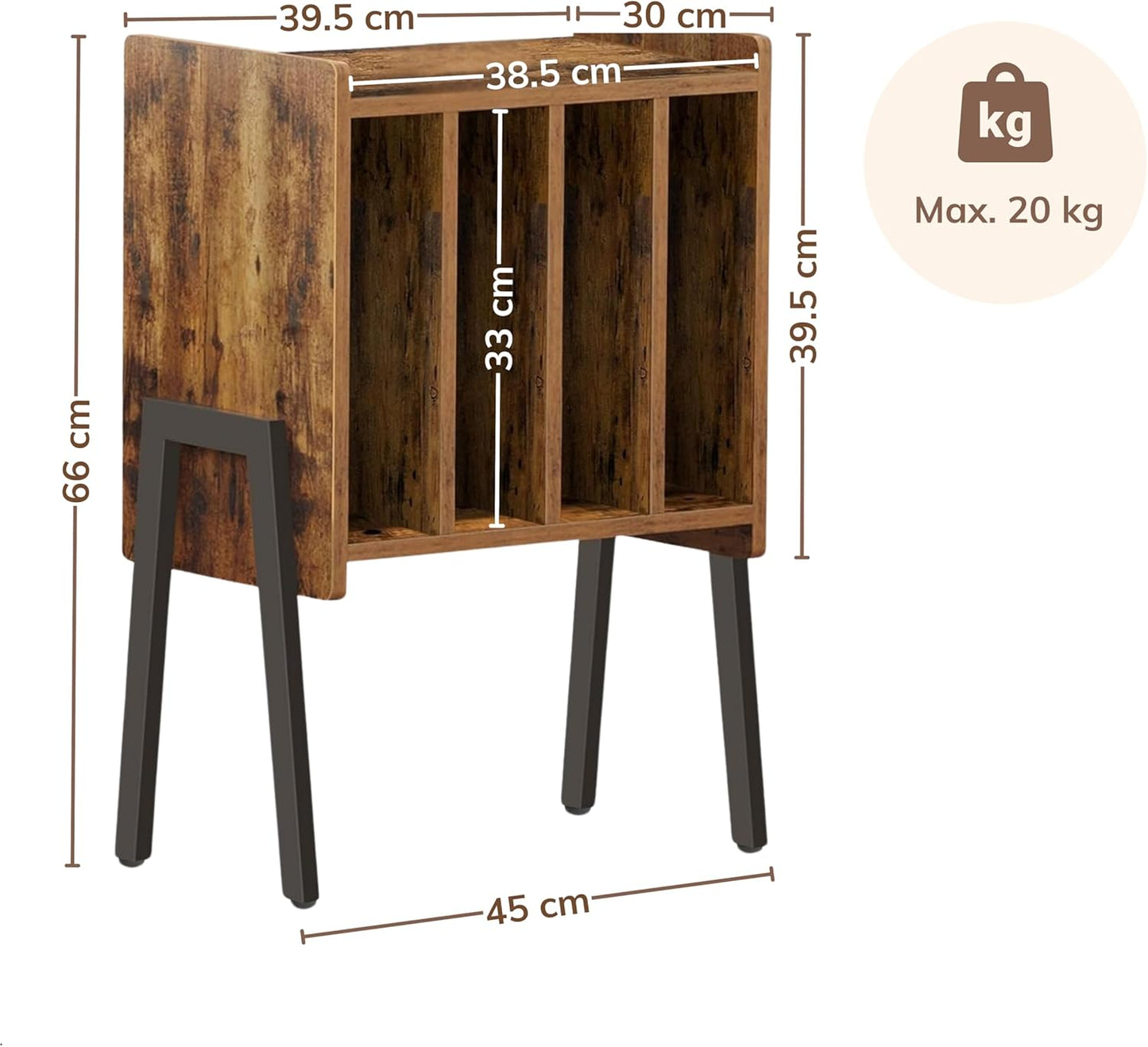 Plattenspielertisch mit 4 Fächern, Vintage Braun 40 x 30 x 66cm