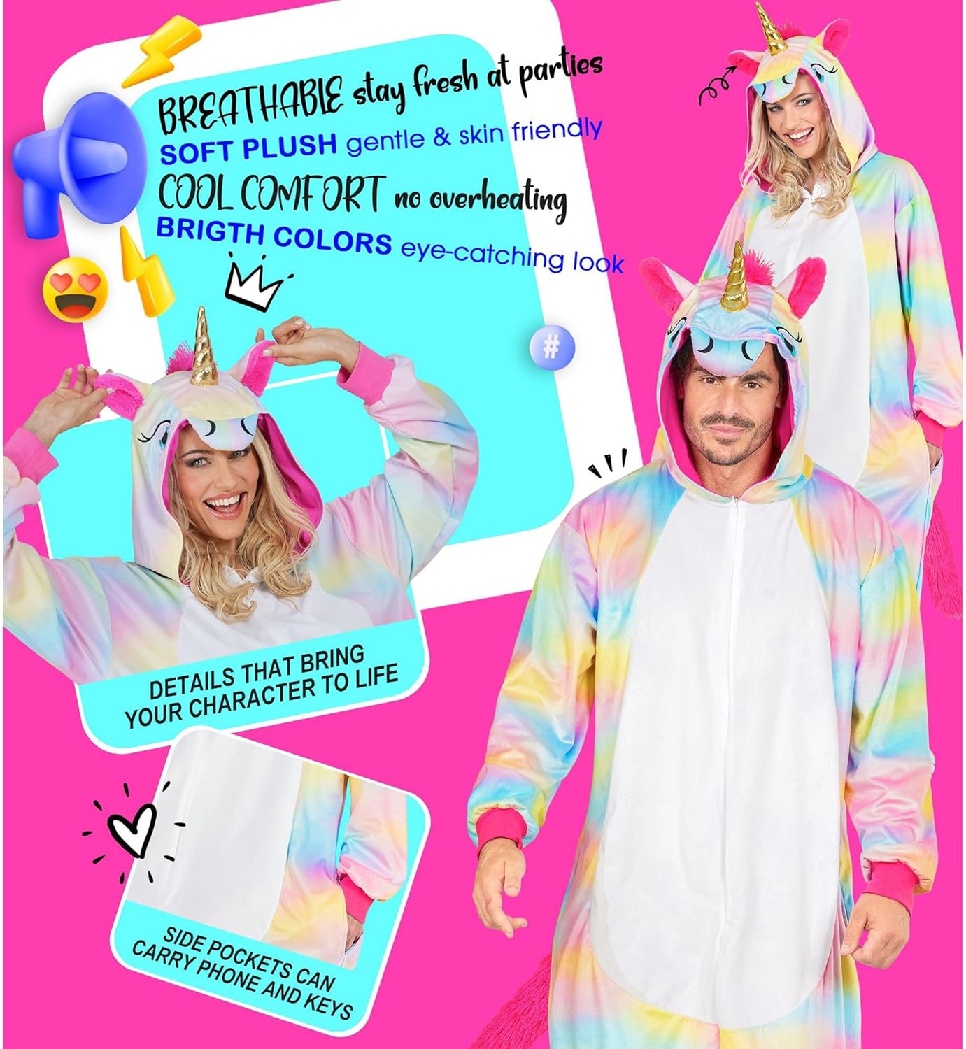 Einhorn-Jumpsuit mit Kapuze, Einhorn Regenbogen L-XL