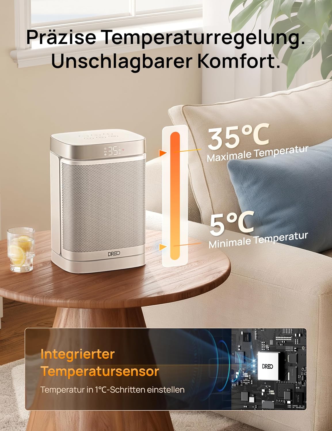PTC-Heizlüfter mit Thermostat und Timer, Standard Weiss