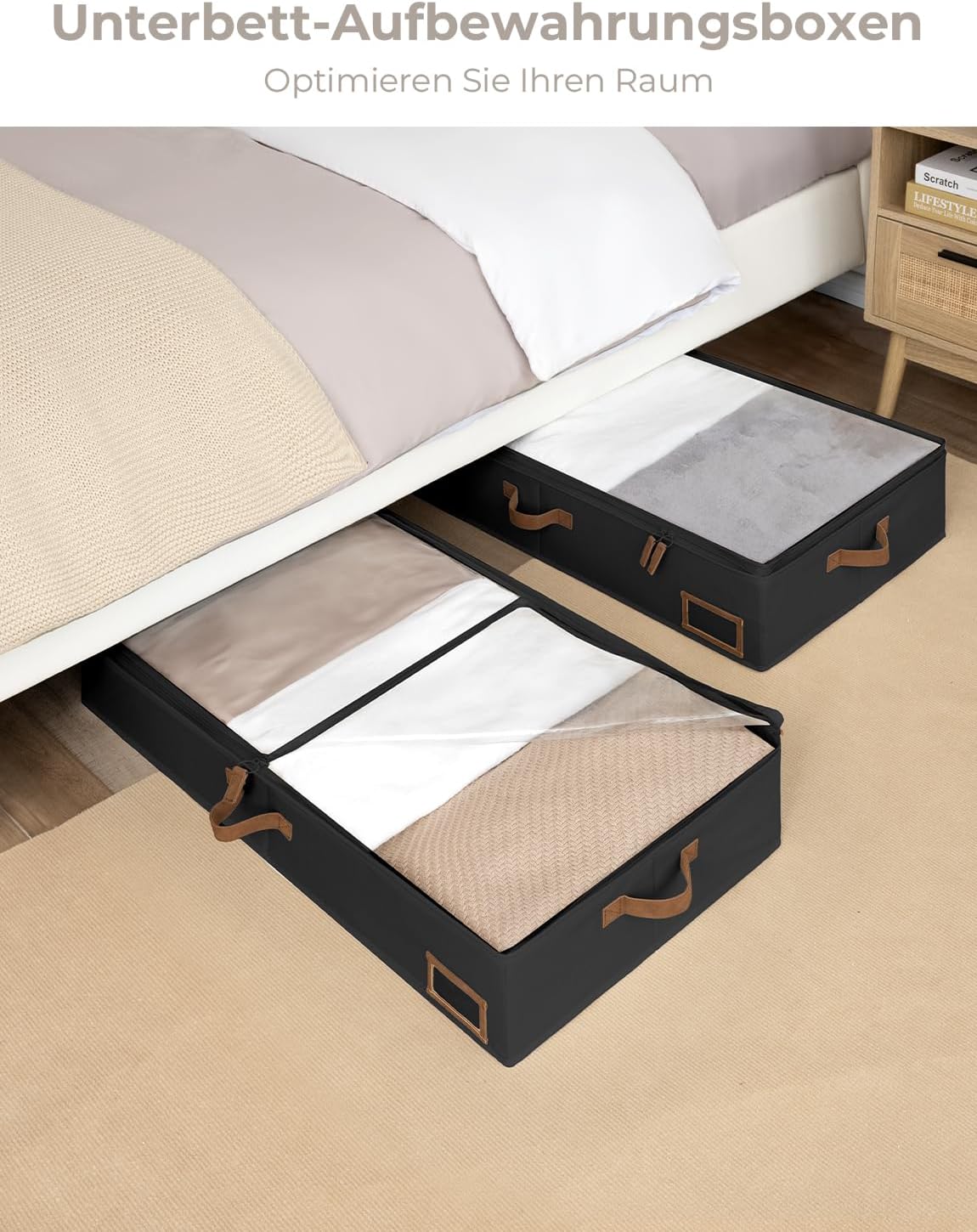 Unterbett Aufbewahrungsboxen-Set 84x43x15 cm, 84cm × 43cm × 15cm Schwarz