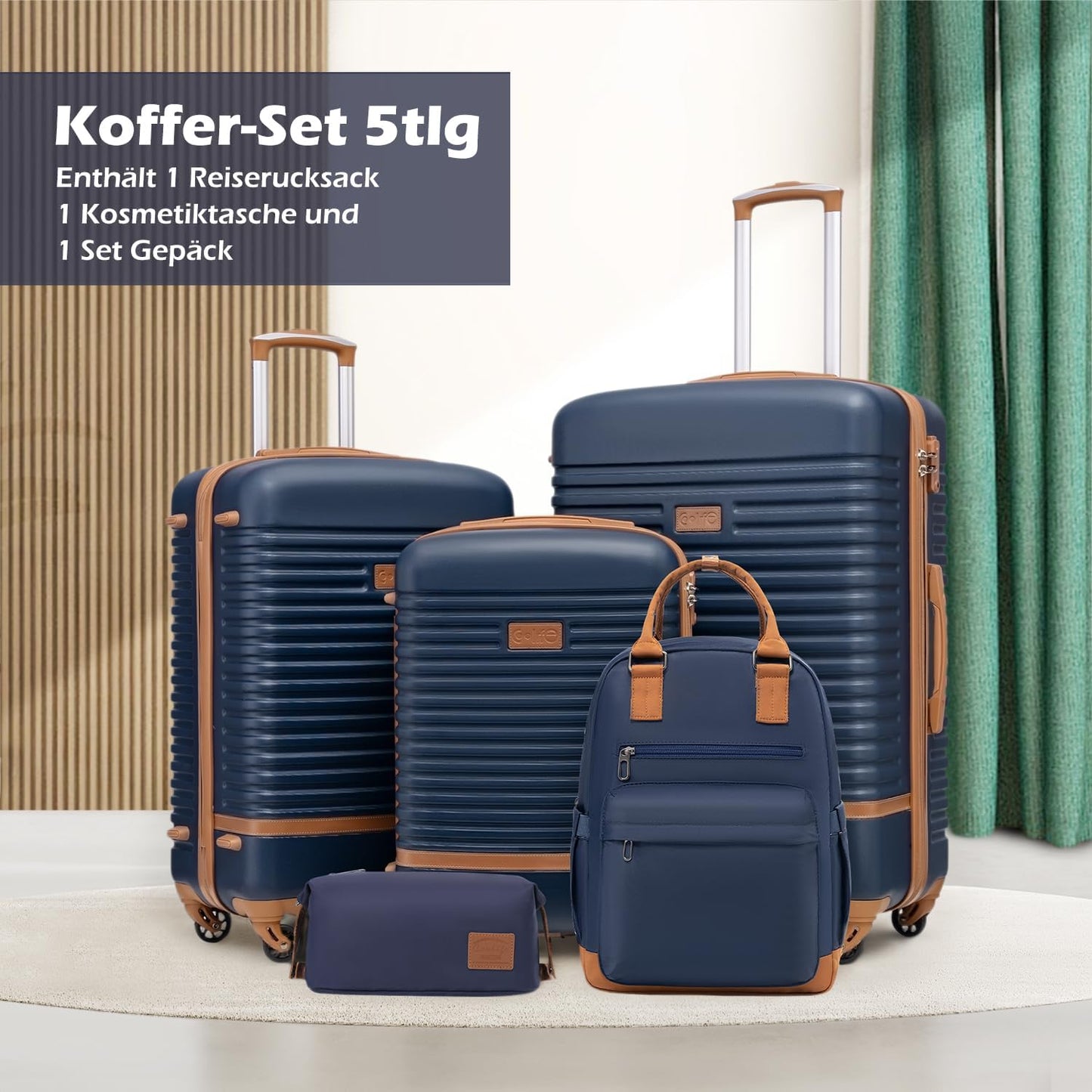 5-teiliges Trolley-Set mit Reiserucksack und Kulturbeutel, Koffer-Set 5tlg / Blau/Braun