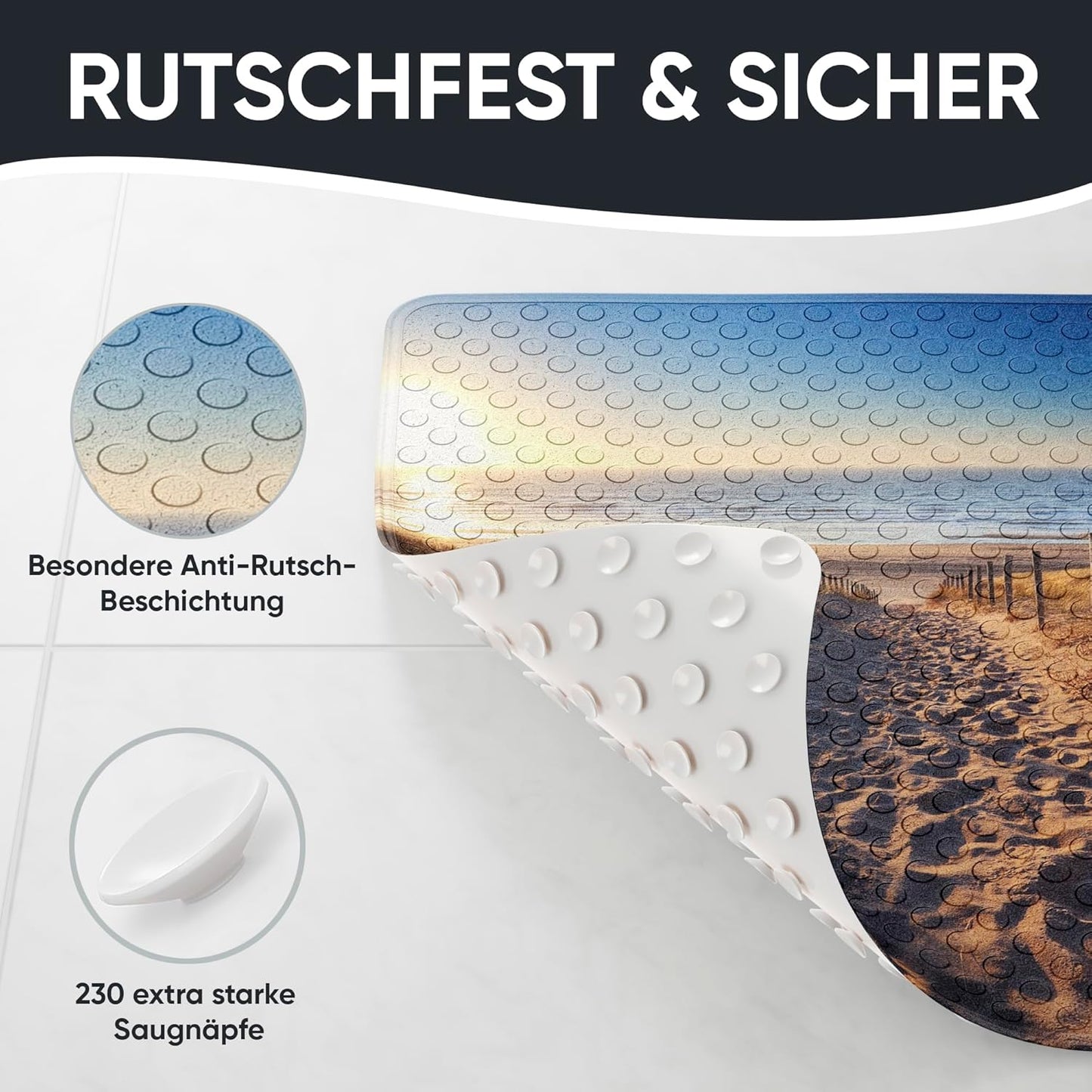 Rutschfeste Badematte 53x53 cm, maschinenwaschbar, Düne