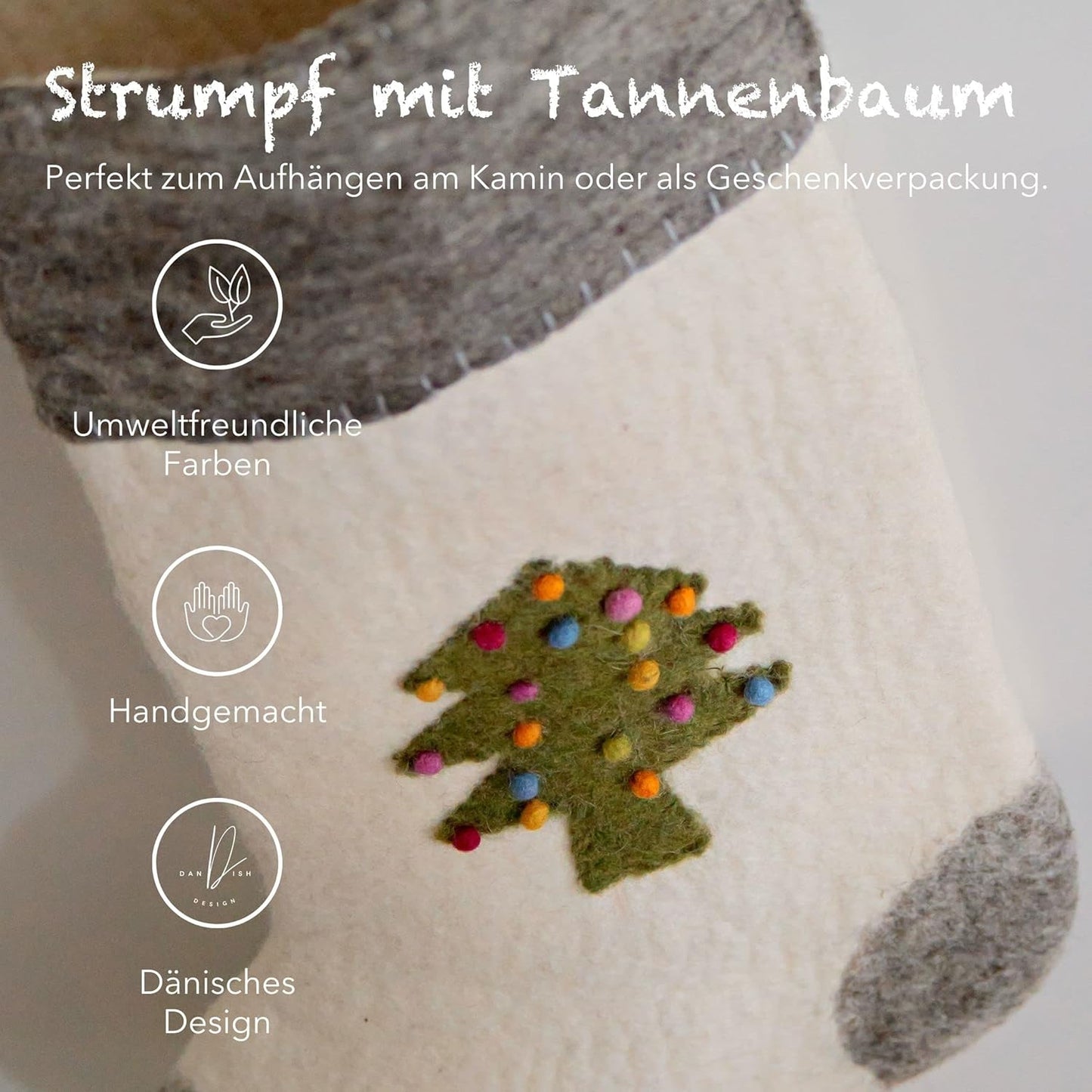 Handgefilzter Nikolausstrumpf mit Christbaum-Motiv, Socken mit Weihnachtsbaum