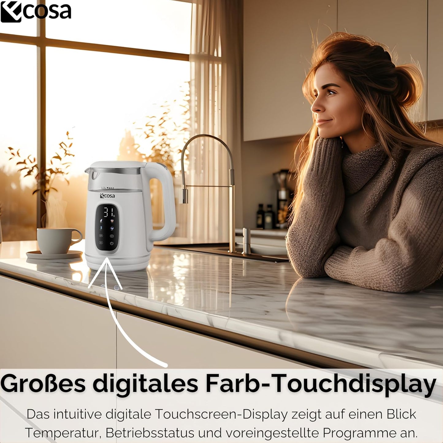 Wasserkocher mit Temperatureinstellung (1,7 Liter), Woldo White