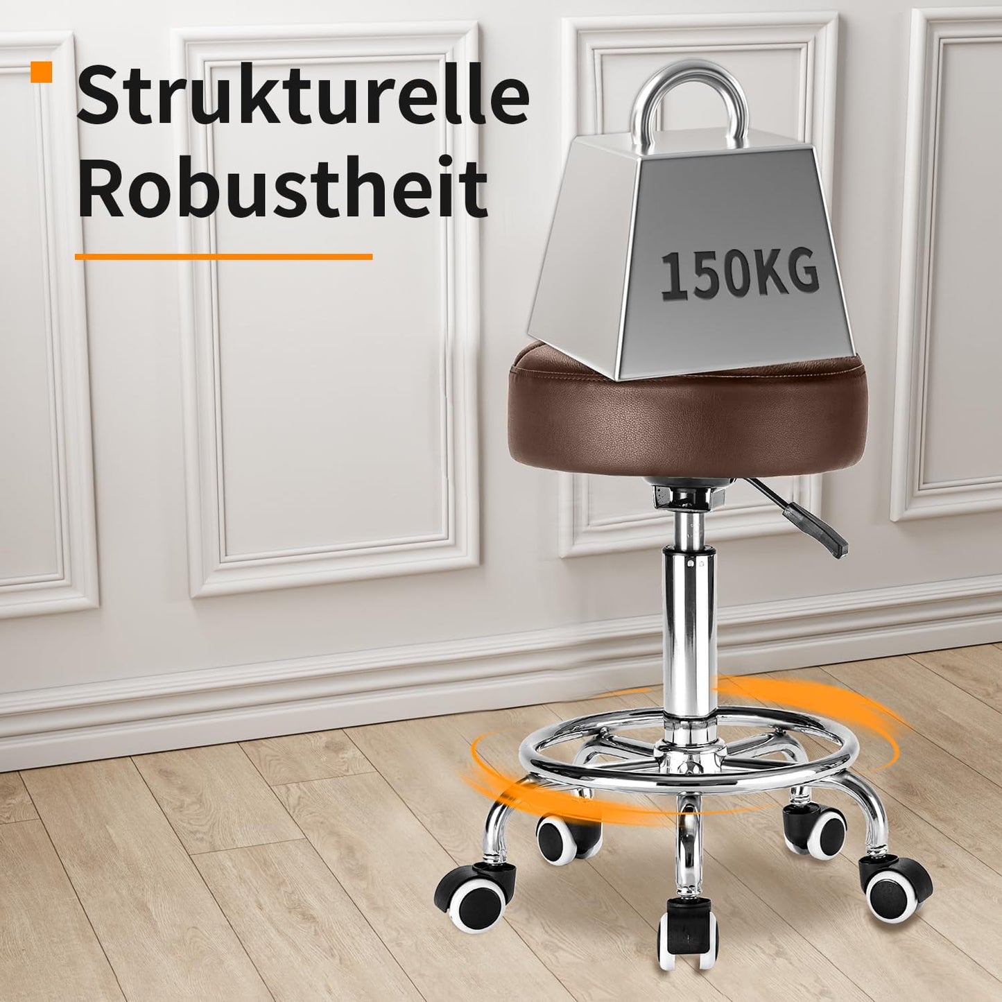 Höhenverstellbarer Rollhocker mit Rollen und Fussstütze, Braun1