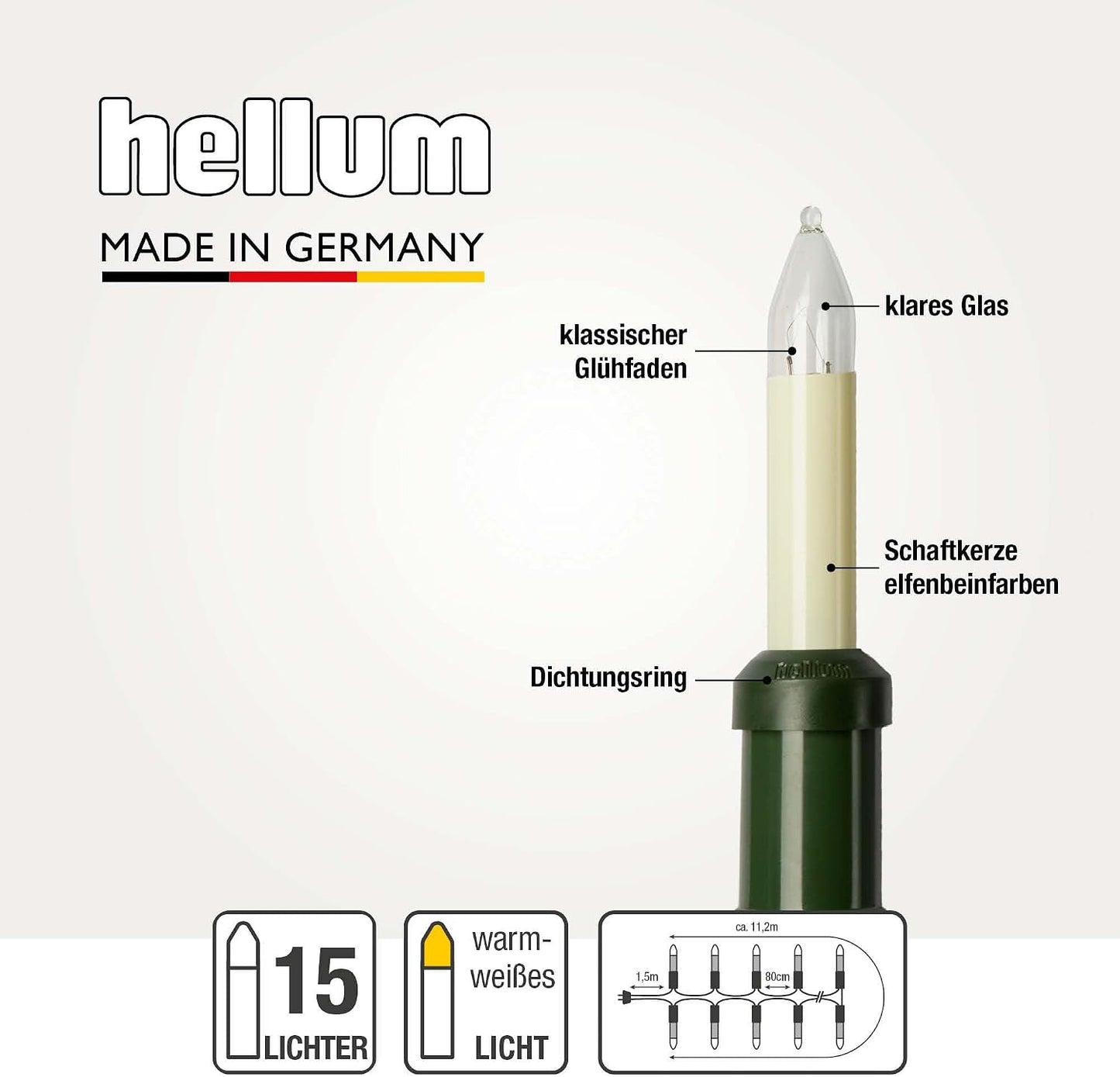 Weihnachtslichterkette mit 15 Clips für aussen, 15 Lichter (Schaft) / 11.2 m beleuchtet Ivory
