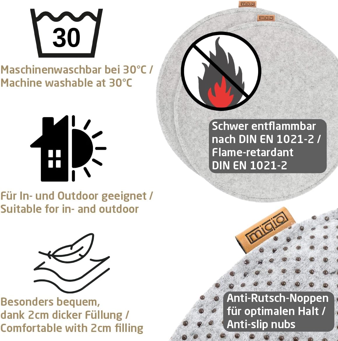 Filz Sitzkissen mit Antirutschnoppen (4er-Set, 35 cm), 35 cm, 4er-Set Beige