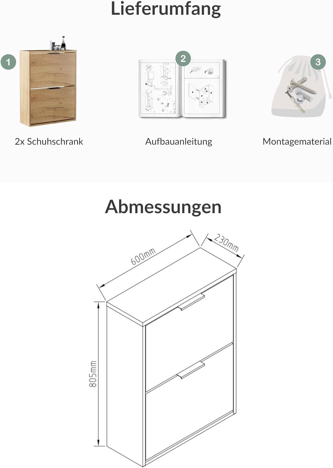 Schuhschrank-Set mit Klappen (4 Ablagen), 2x 2 Klappen Gold Eiche
