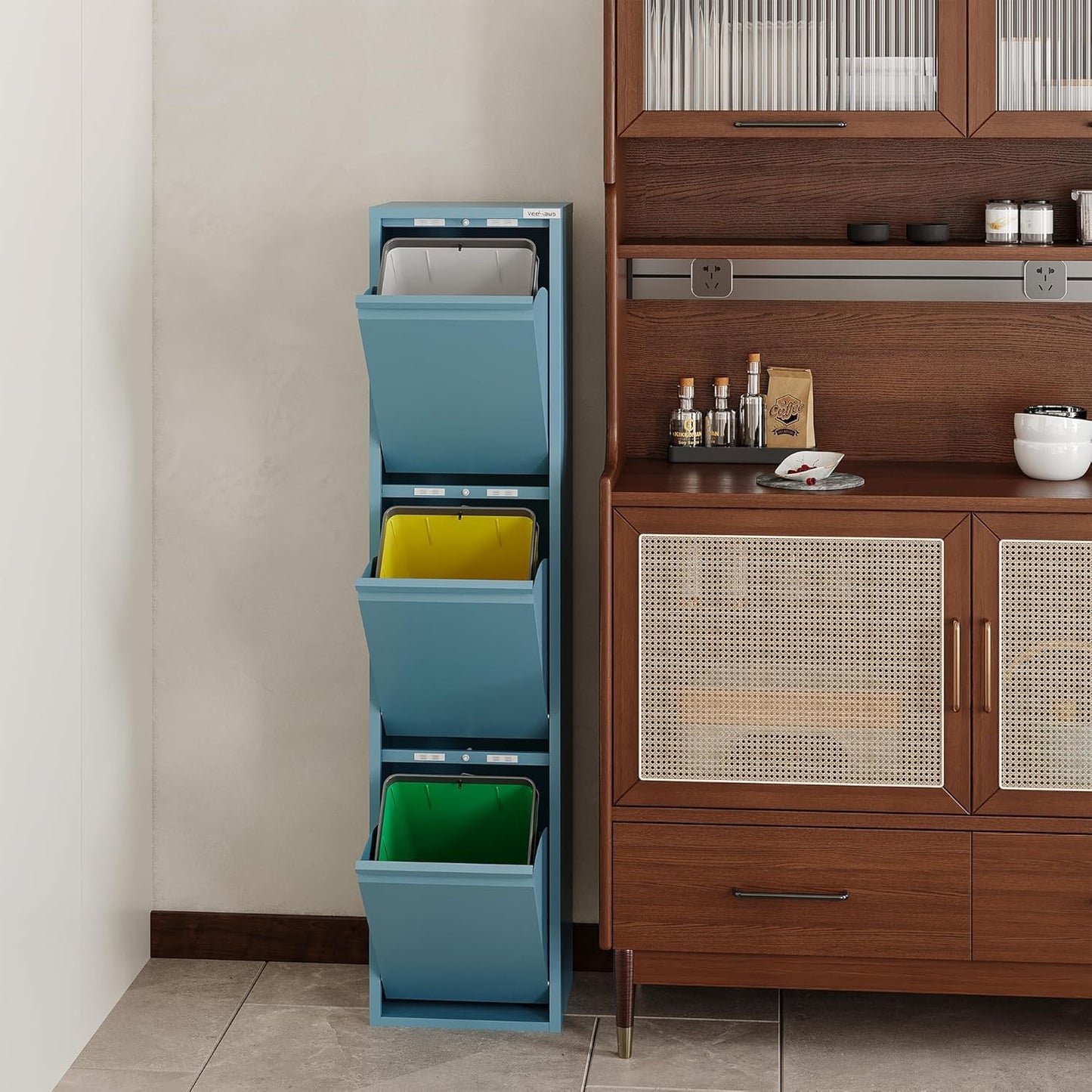Küchen-Mülleimer mit Klappdeckel, 3 x 15 L, 3 X 15 L Blau