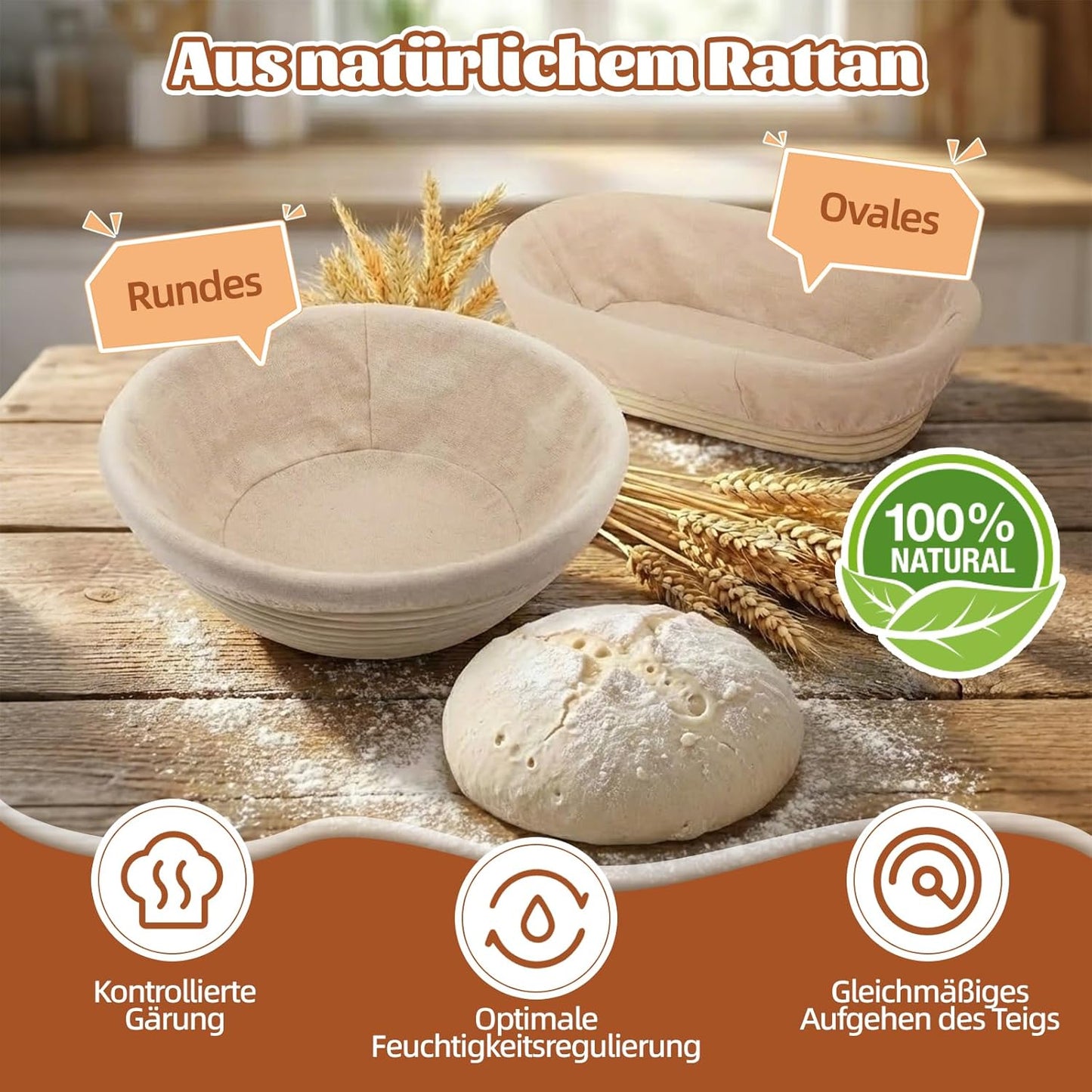 Gärkörbchen Starter Set, Rund+oval+sauerteig Glas