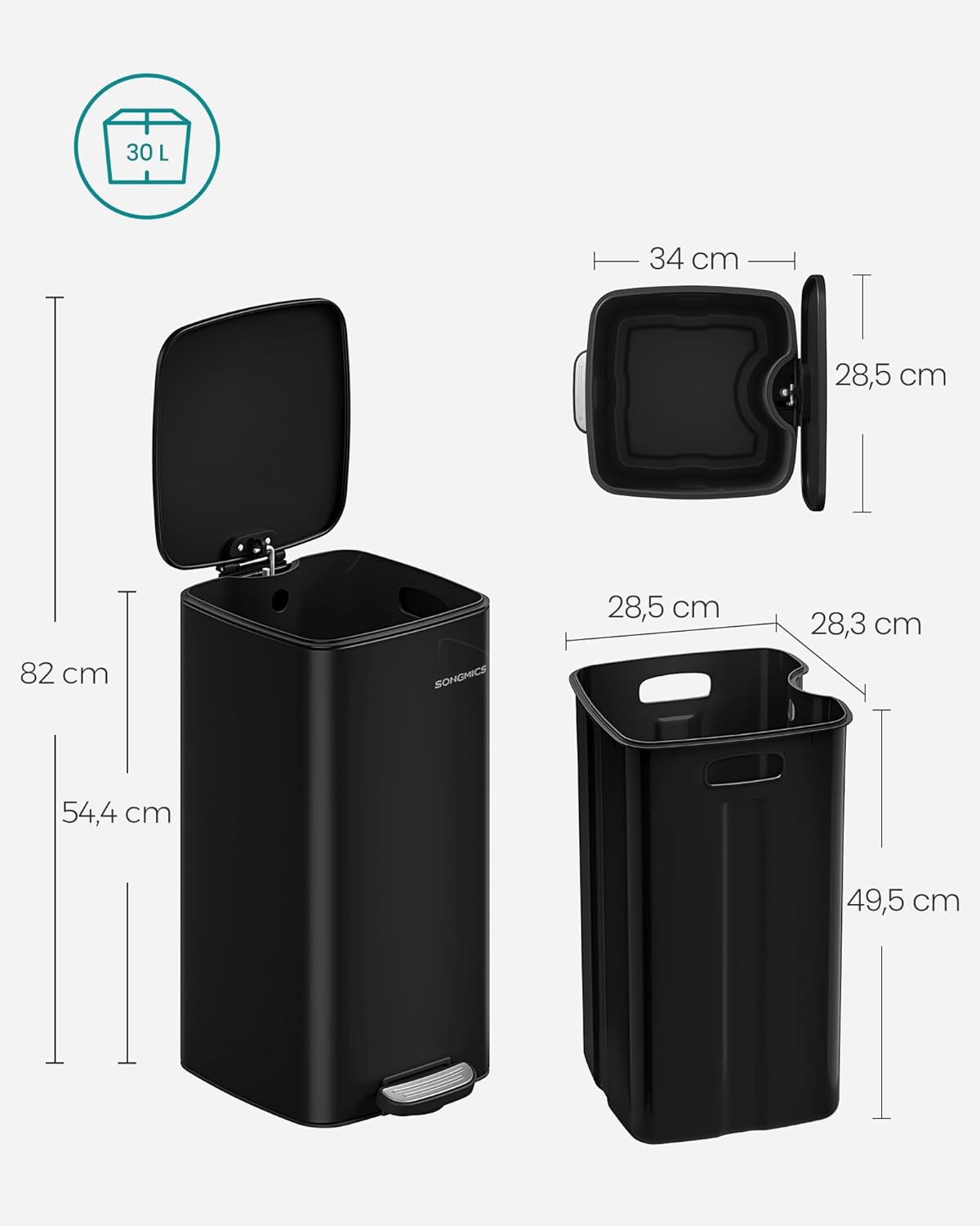Tretmülleimer mit Softclose und Inneneimer, tintenschwarz 30 L